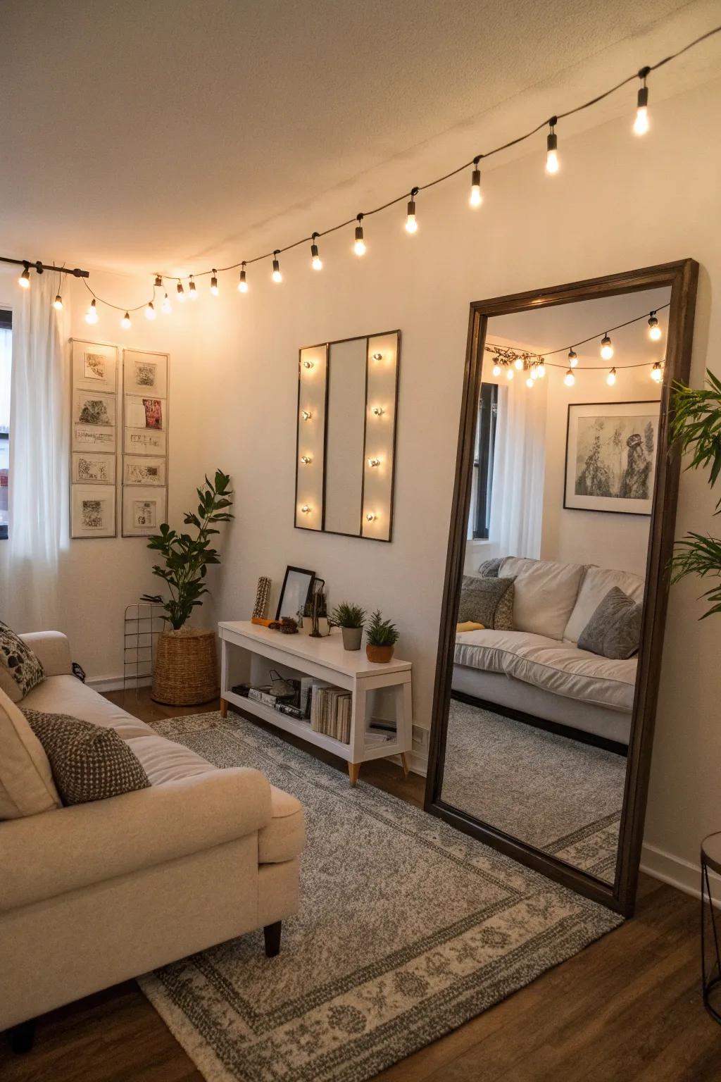 A small living room using mirrors to reflect light and expand space.