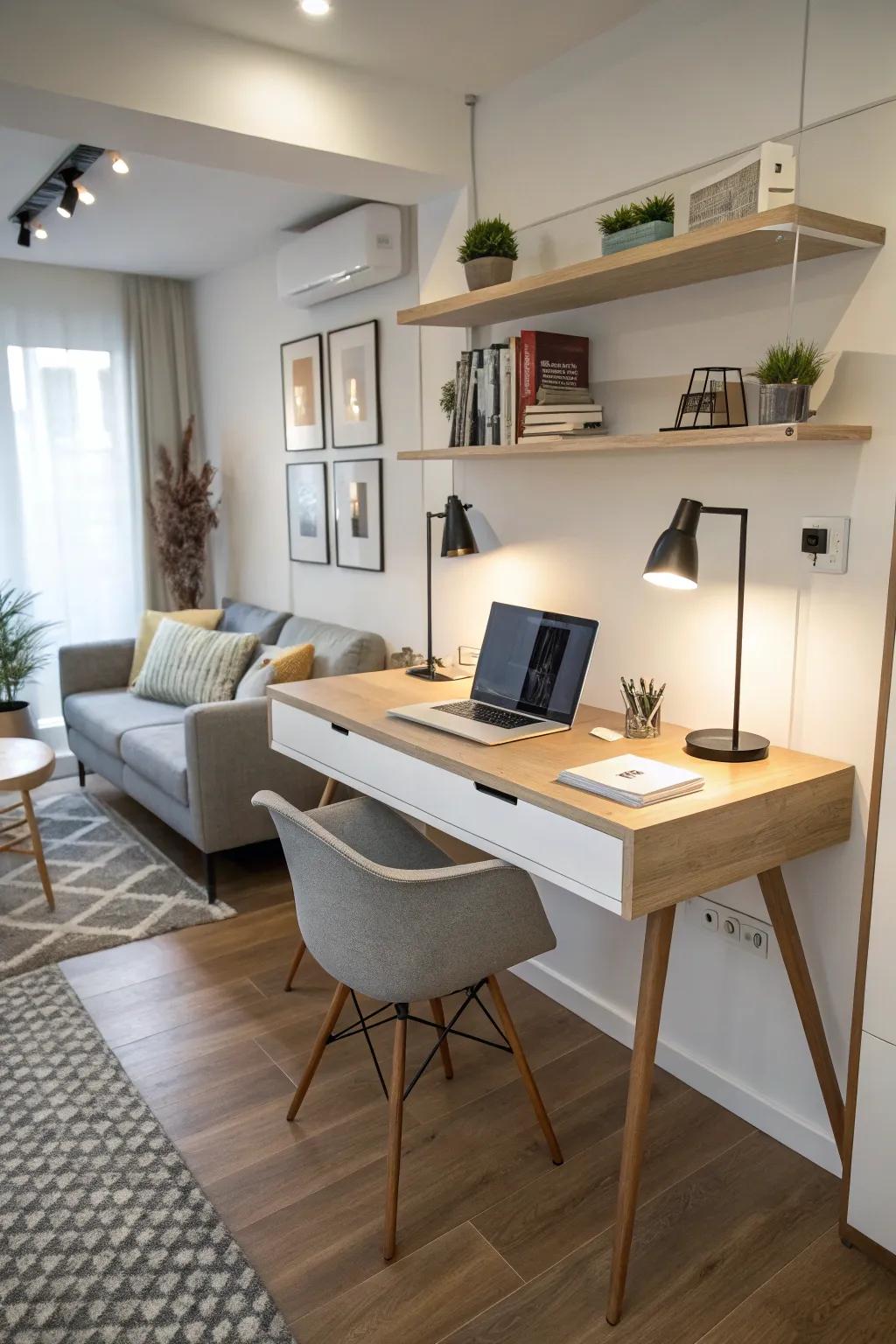 A studio apartment featuring a sleek floating desk, ideal for compact home offices.