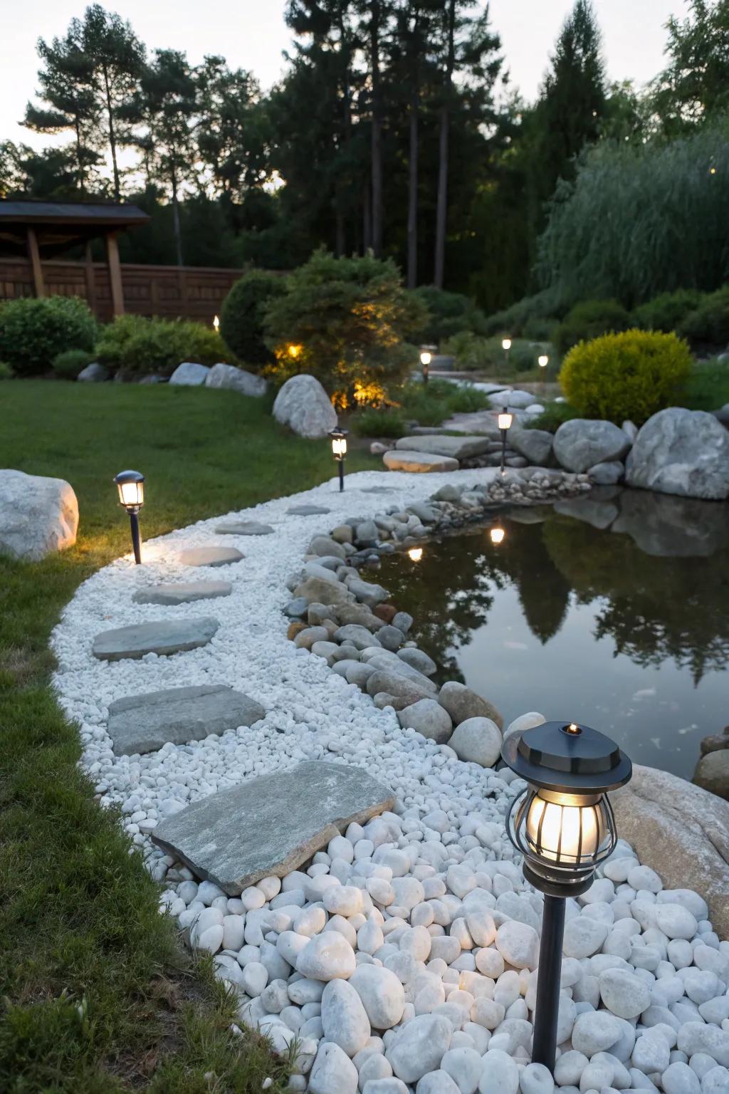 A magical garden scene with solar lights accentuating white rocks, creating a twinkling wonderland.