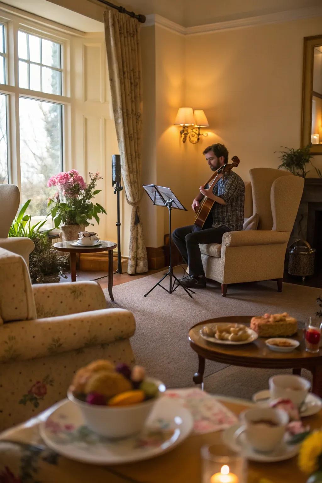 Live music or a curated playlist adds a harmonious touch to your tea party.