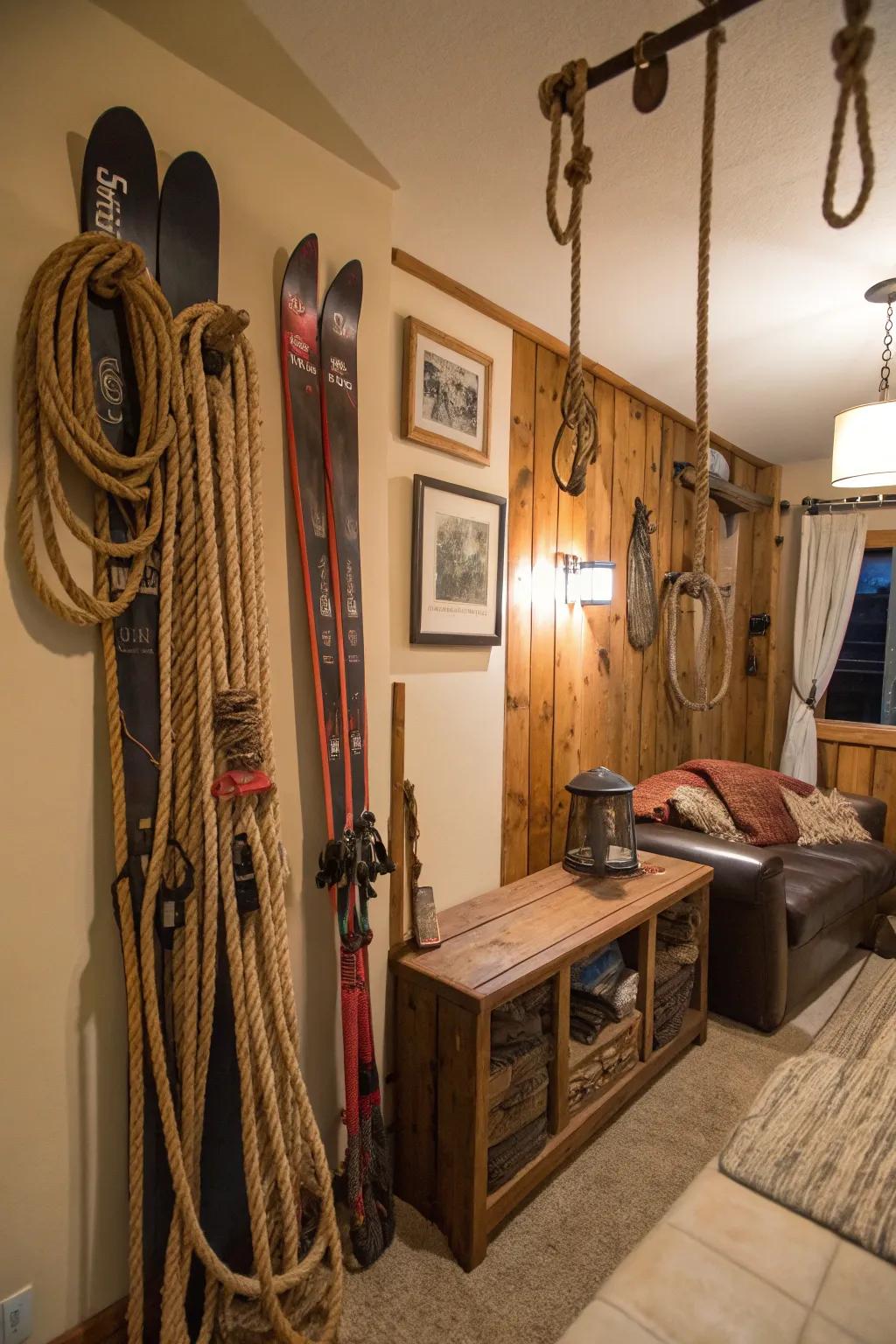 A room with unique decor using repurposed mountain gear.