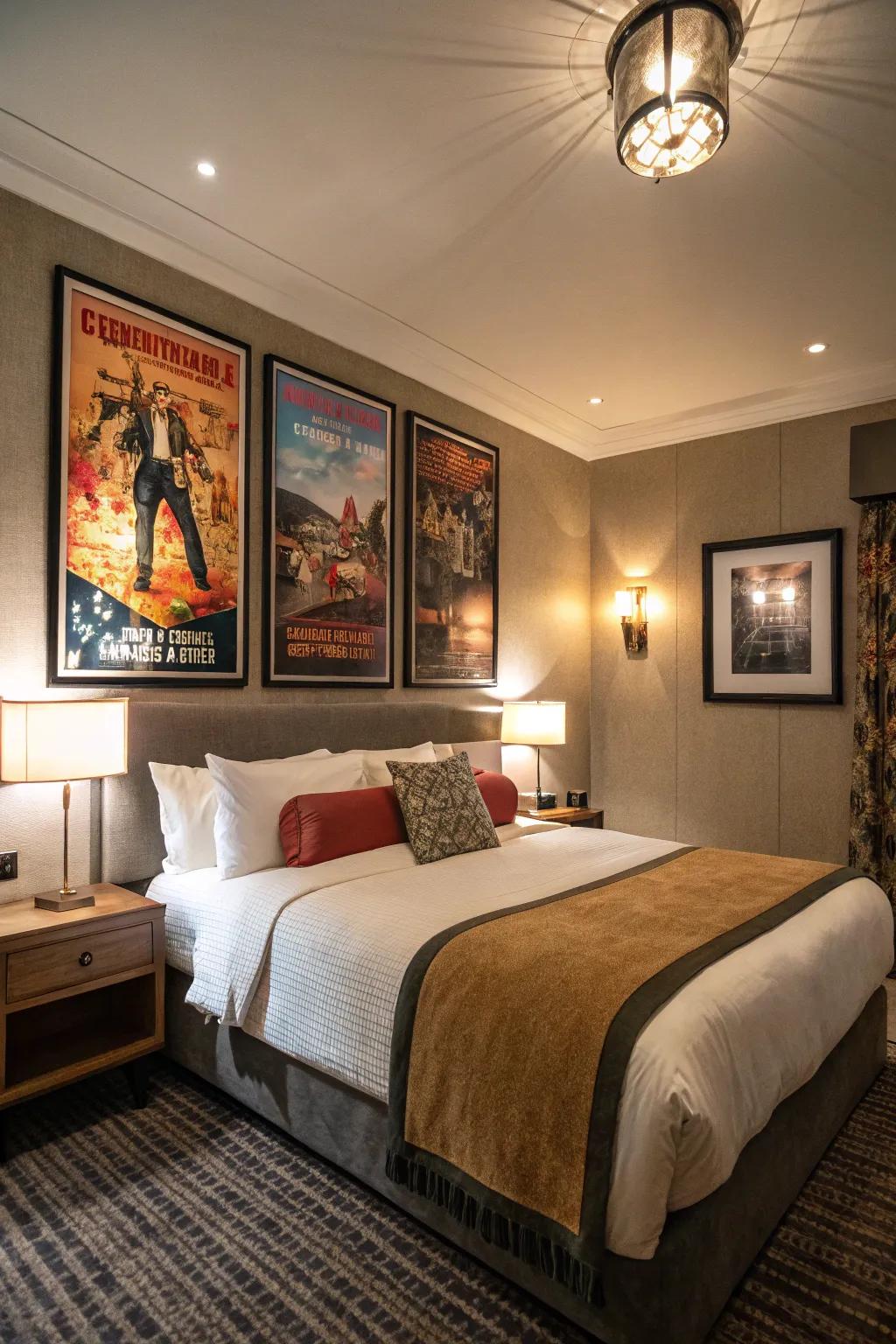 A guest room featuring textured movie art.