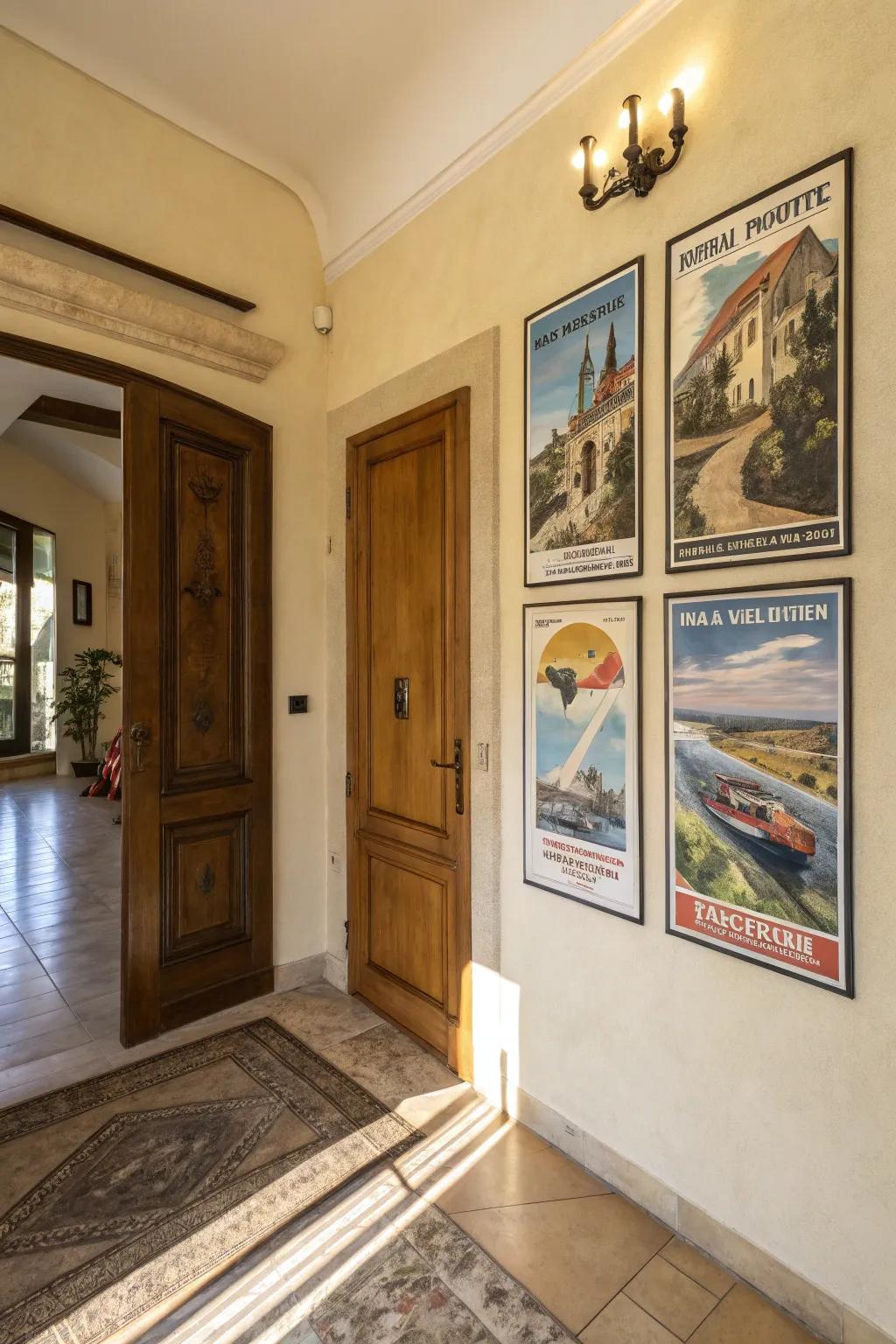 Vintage travel posters spread across multiple canvases, adding nostalgic charm to the entryway.