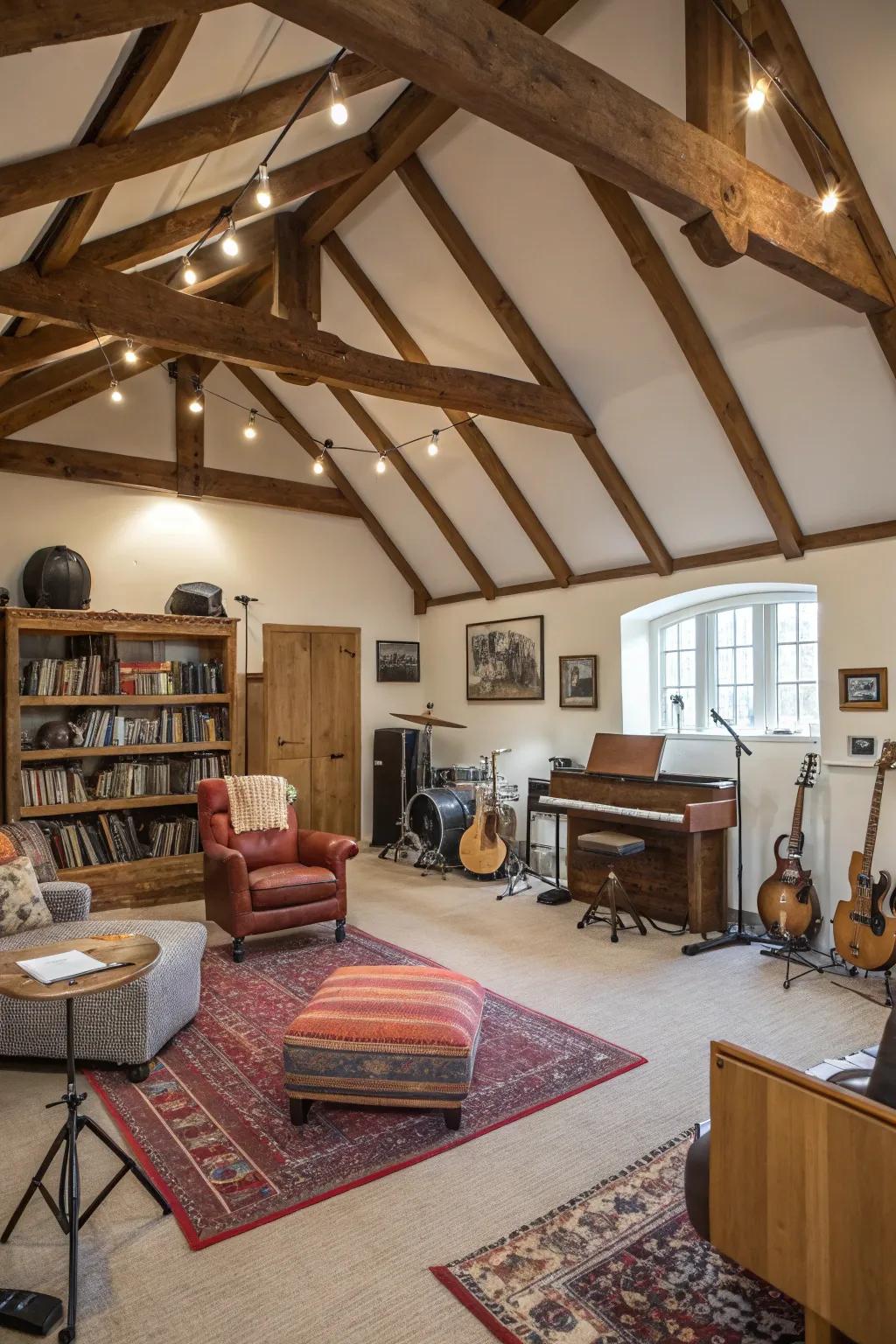 A statement ceiling adds depth and character to your music room.