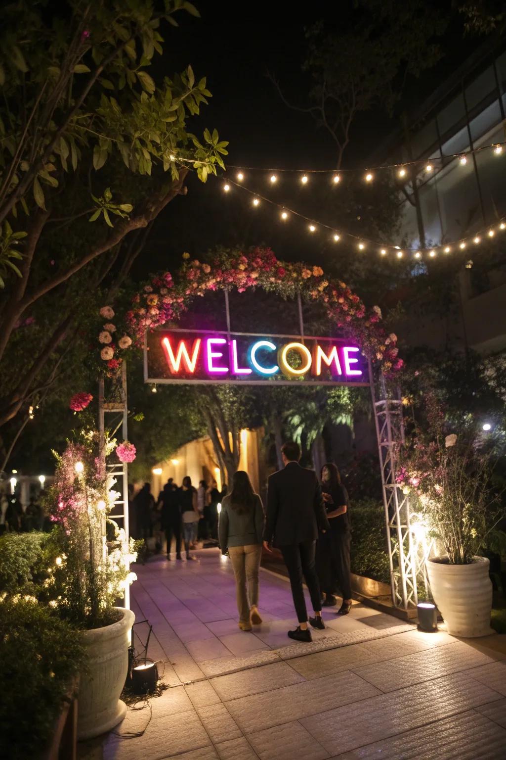 Entrance with a personalized neon sign, warmly welcoming guests to the vibrant party.