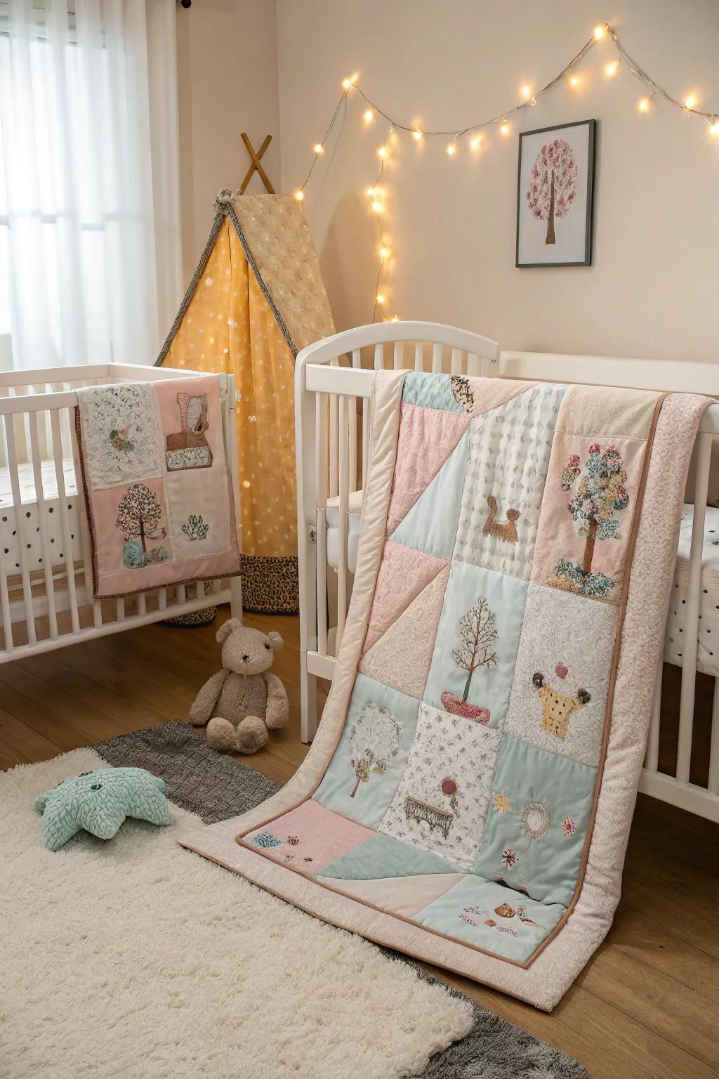 Quilts provide comfort and a personal touch to twin nurseries.