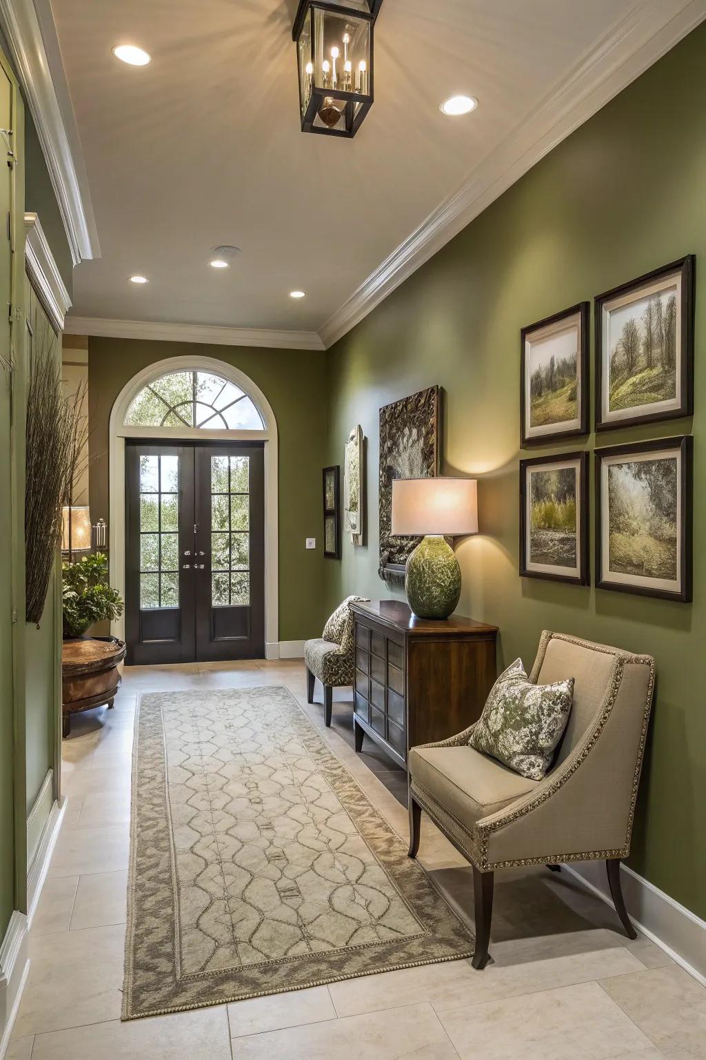 An inviting entryway with chic olive green walls.