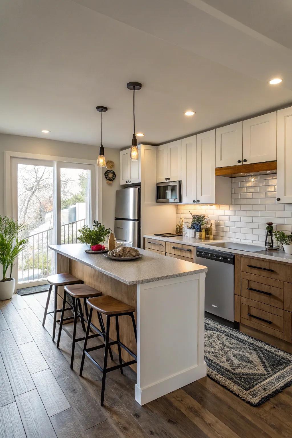 A small island adds functionality to a one-wall kitchen.