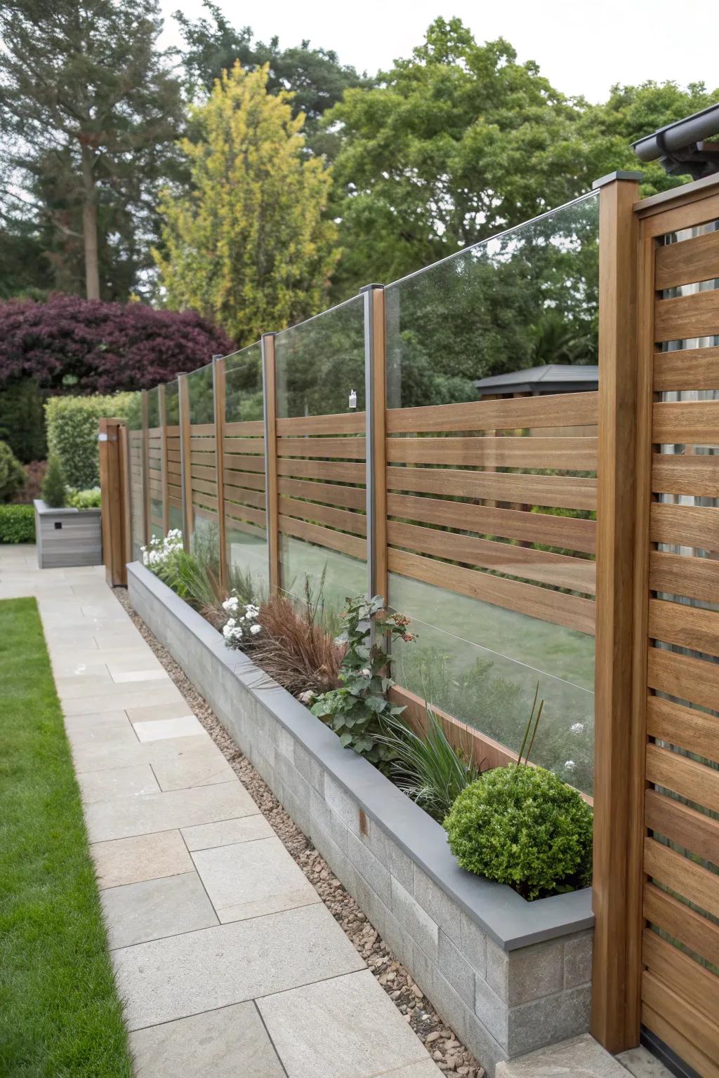 Achieve a modern look with a fusion of glass and wood in fencing.