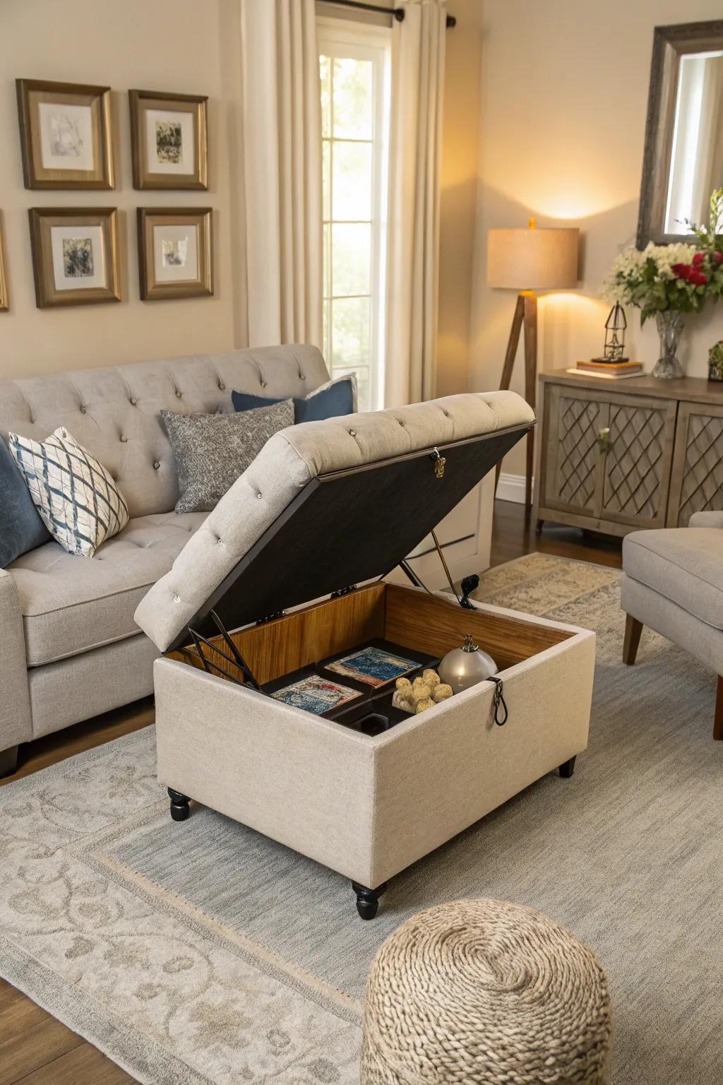 A multi-functional ottoman maximizes efficiency in small living spaces.