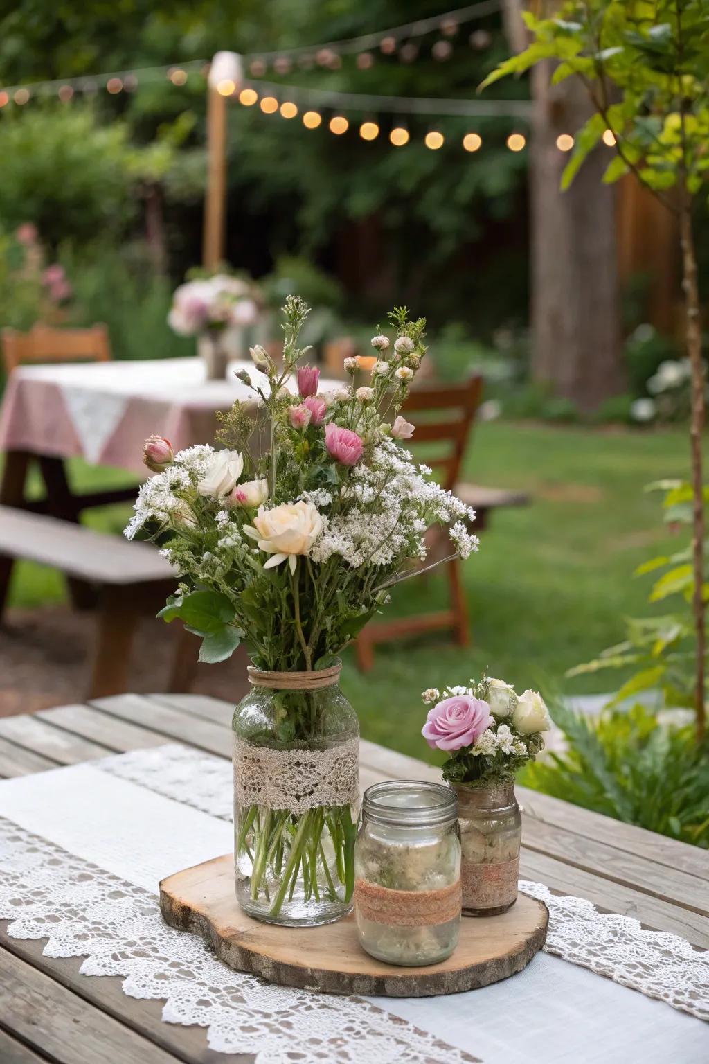 Mason jars with flowers offer a simple and delightful decor option.