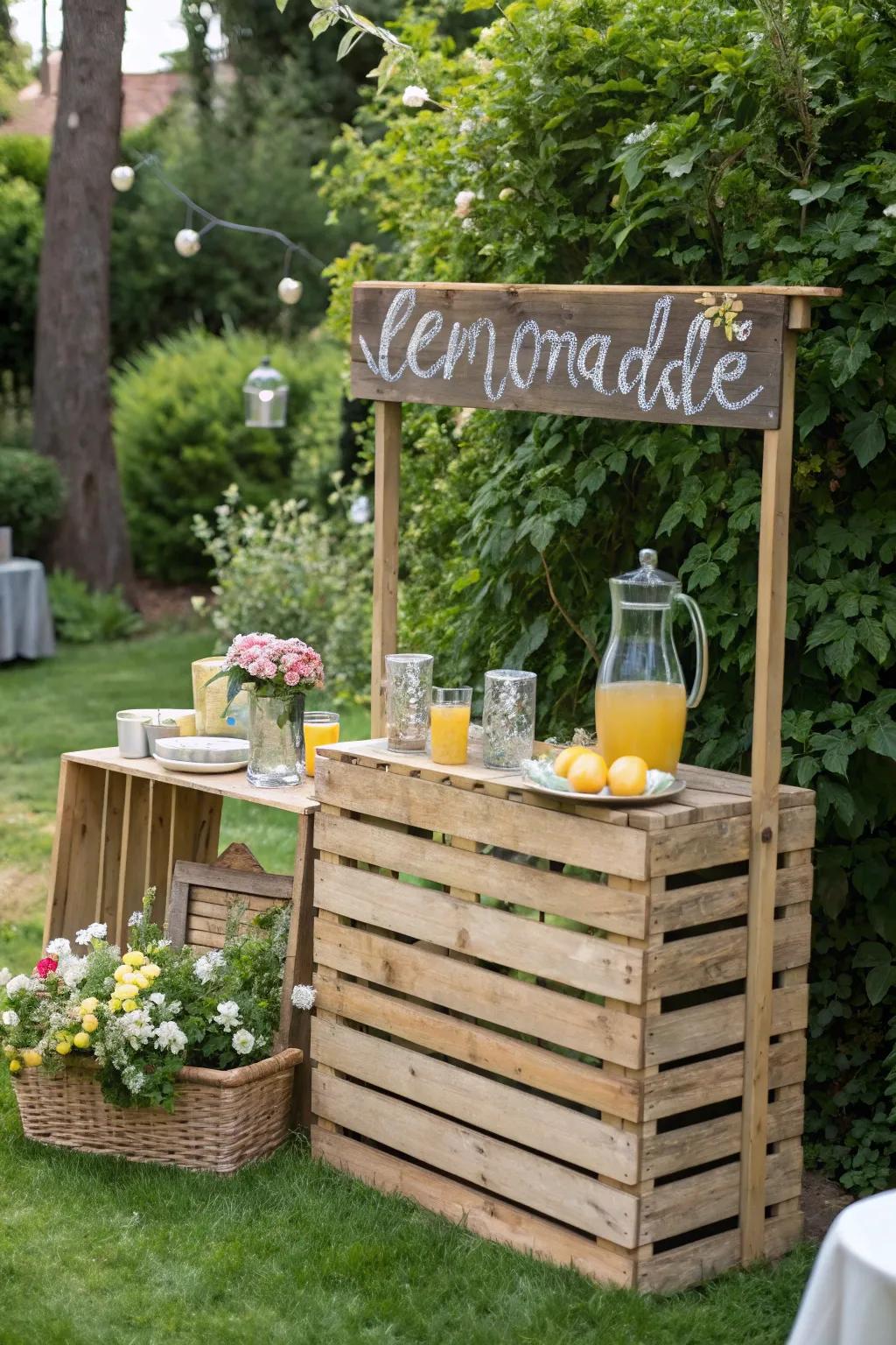 A lemonade stand brings nostalgic charm to outdoor parties.