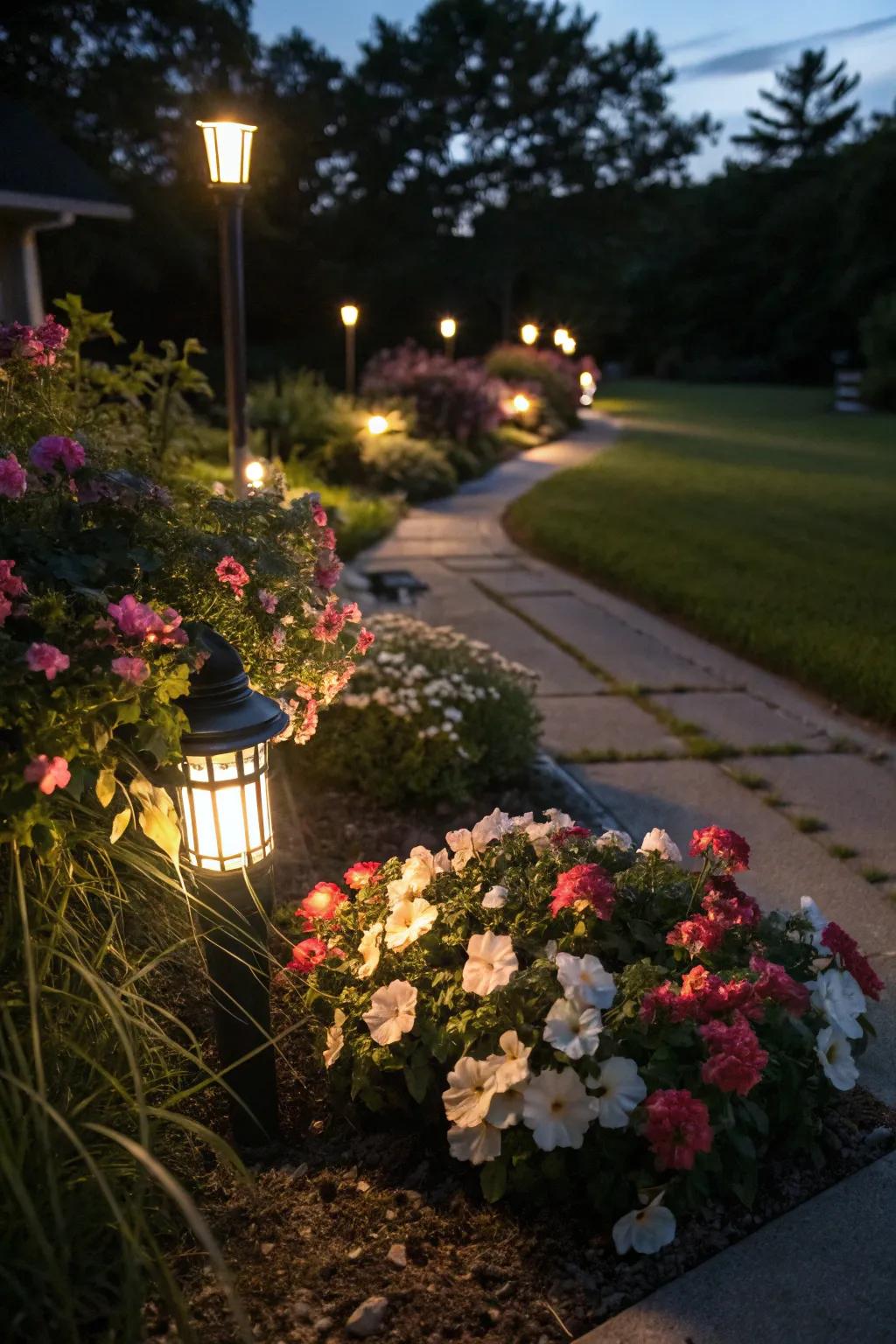 Solar lights adding a magical glow to the garden at night.