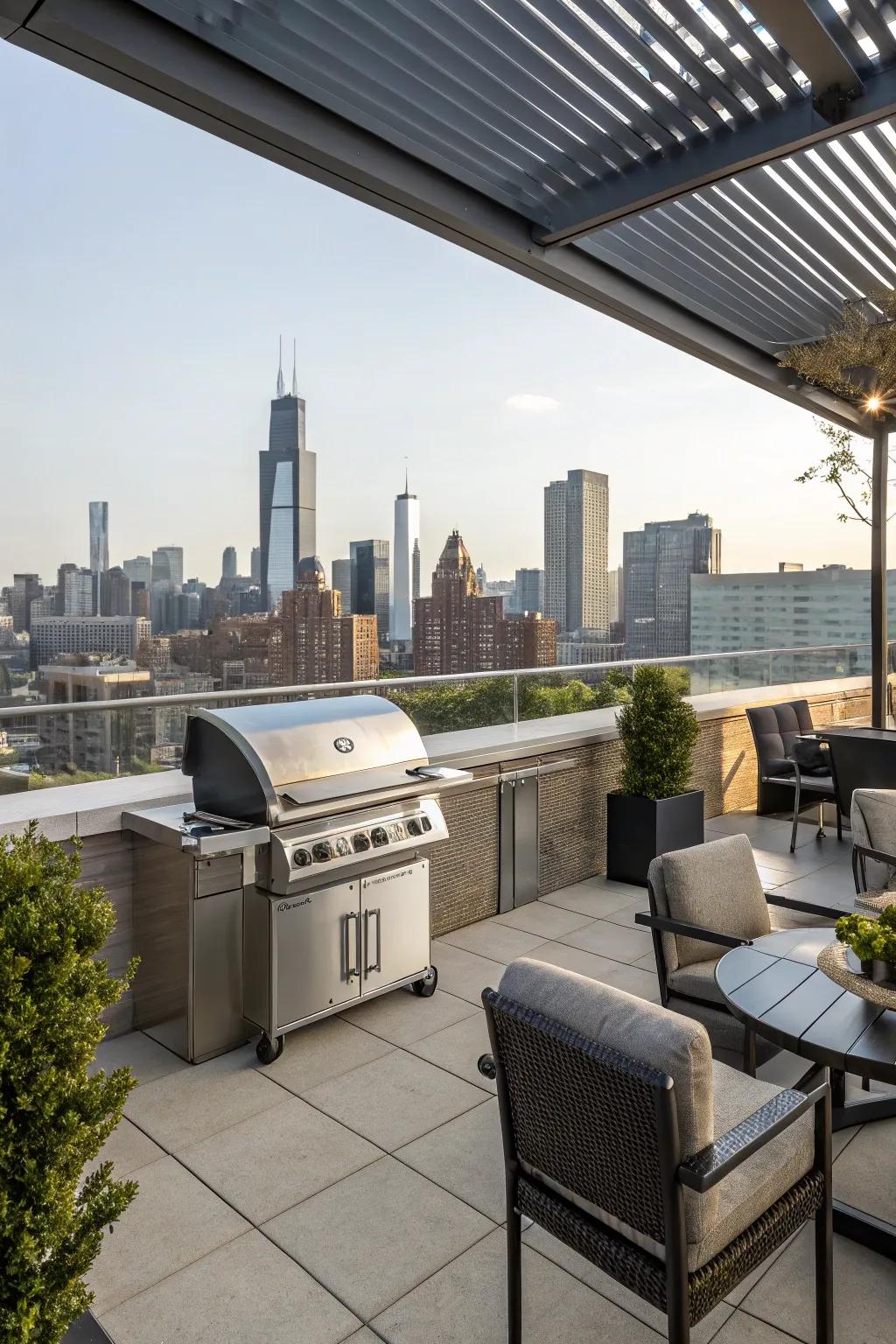 Enjoy panoramic views with a rooftop grill station.