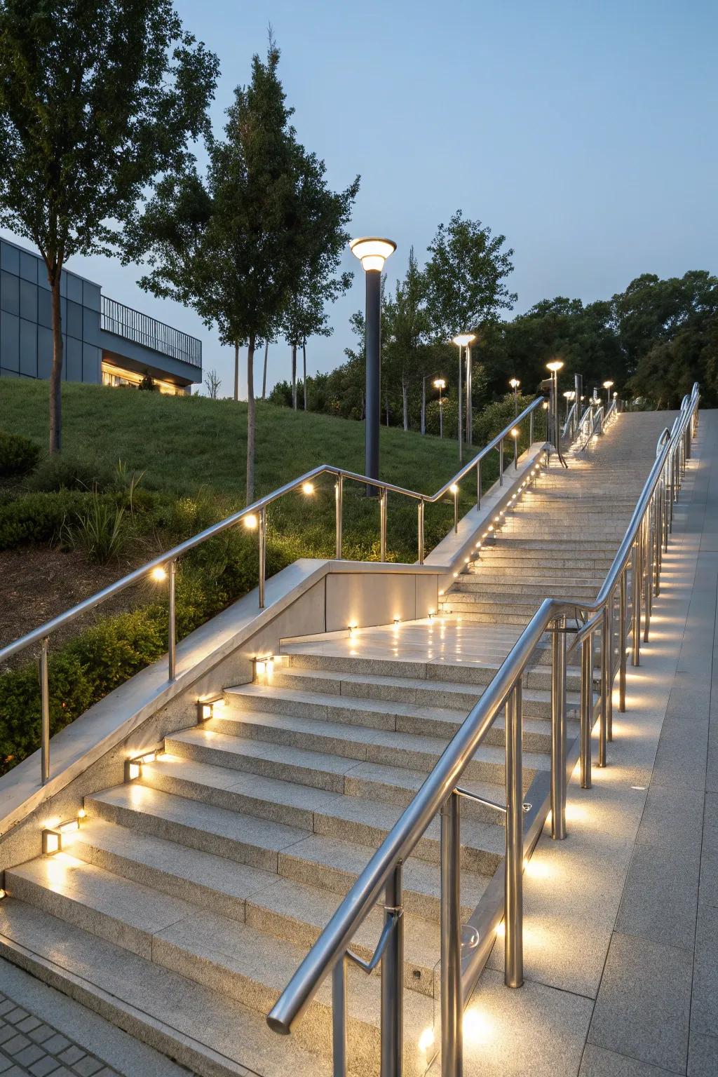 Rail lighting ensures safety and adds a polished finish to outdoor stairs.