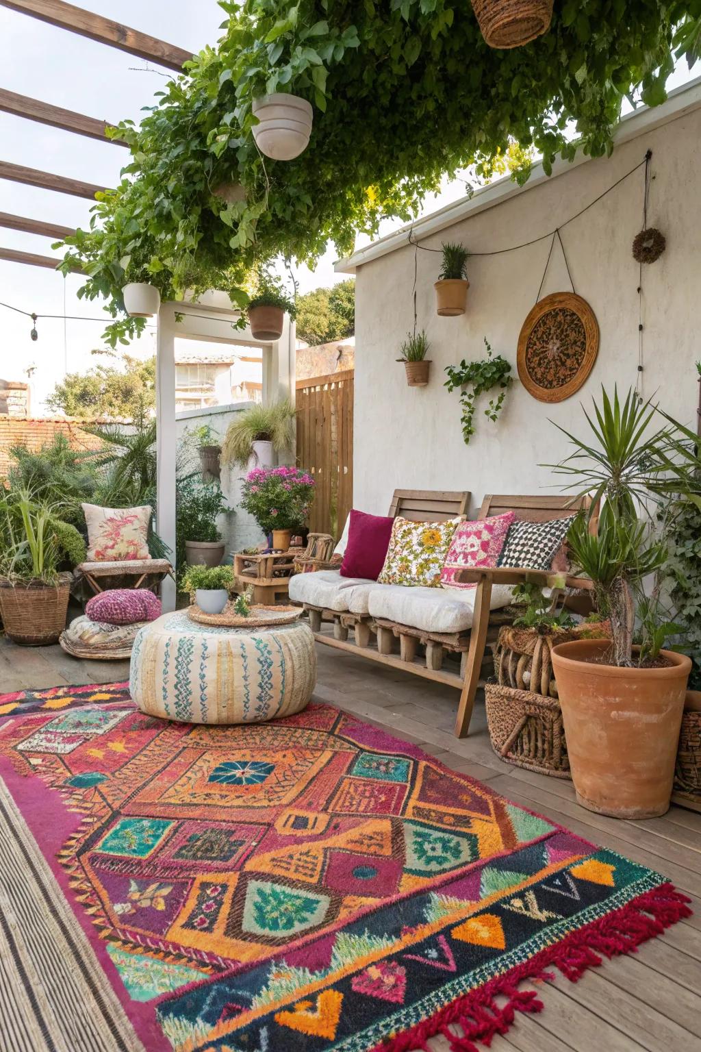 Bohemian flair with colorful rugs.