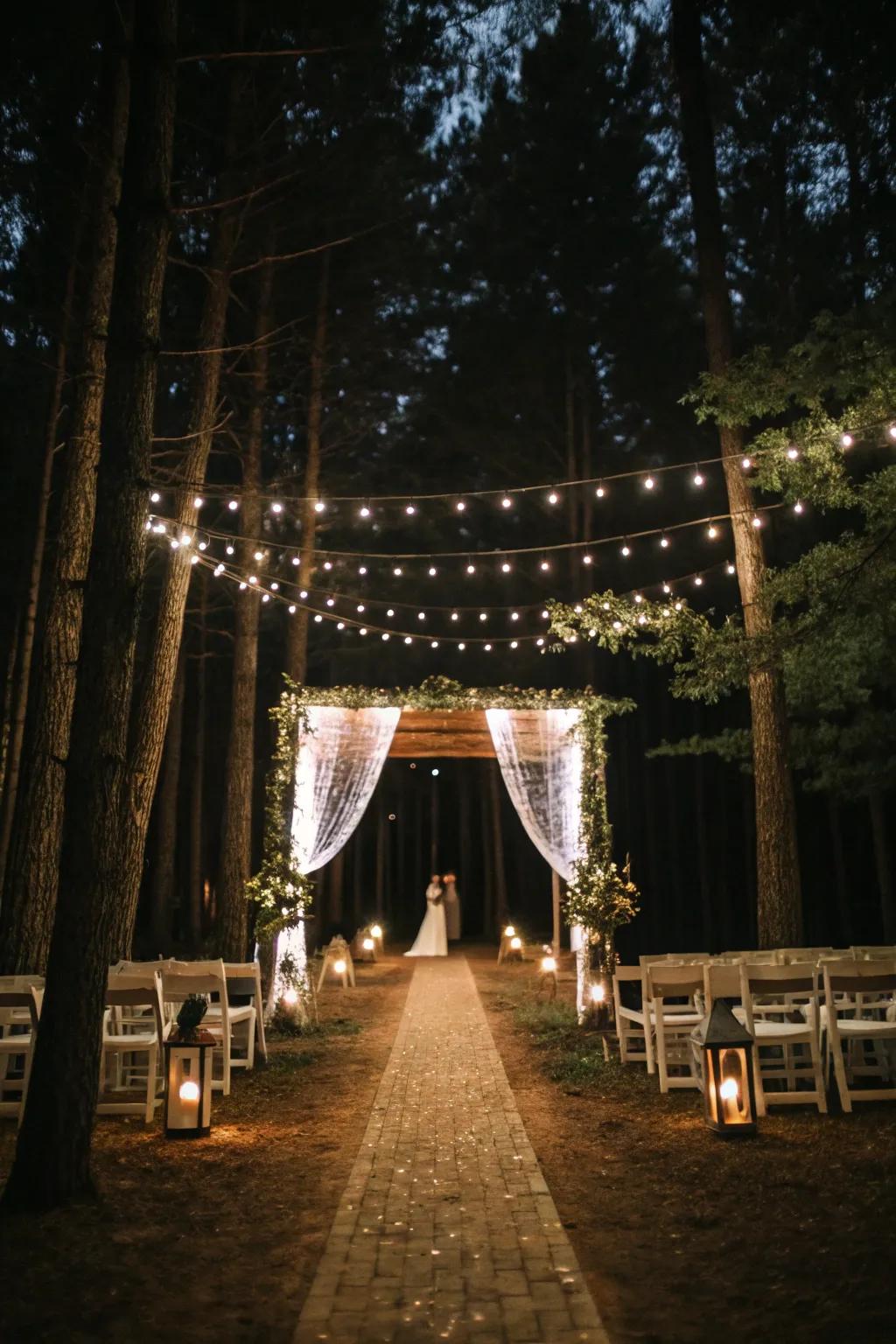 A canopy of fairy lights adds enchantment to the aisle.