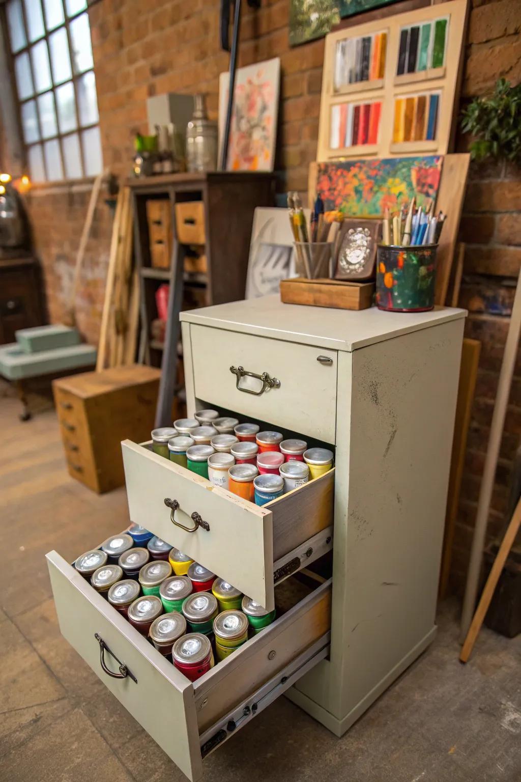 Vintage filing cabinet used for storing paint cans.