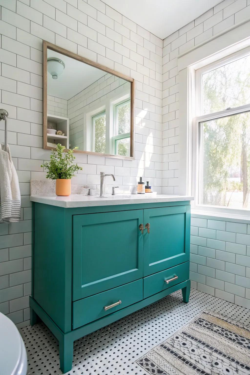 Teal vanities add energy and sophistication.