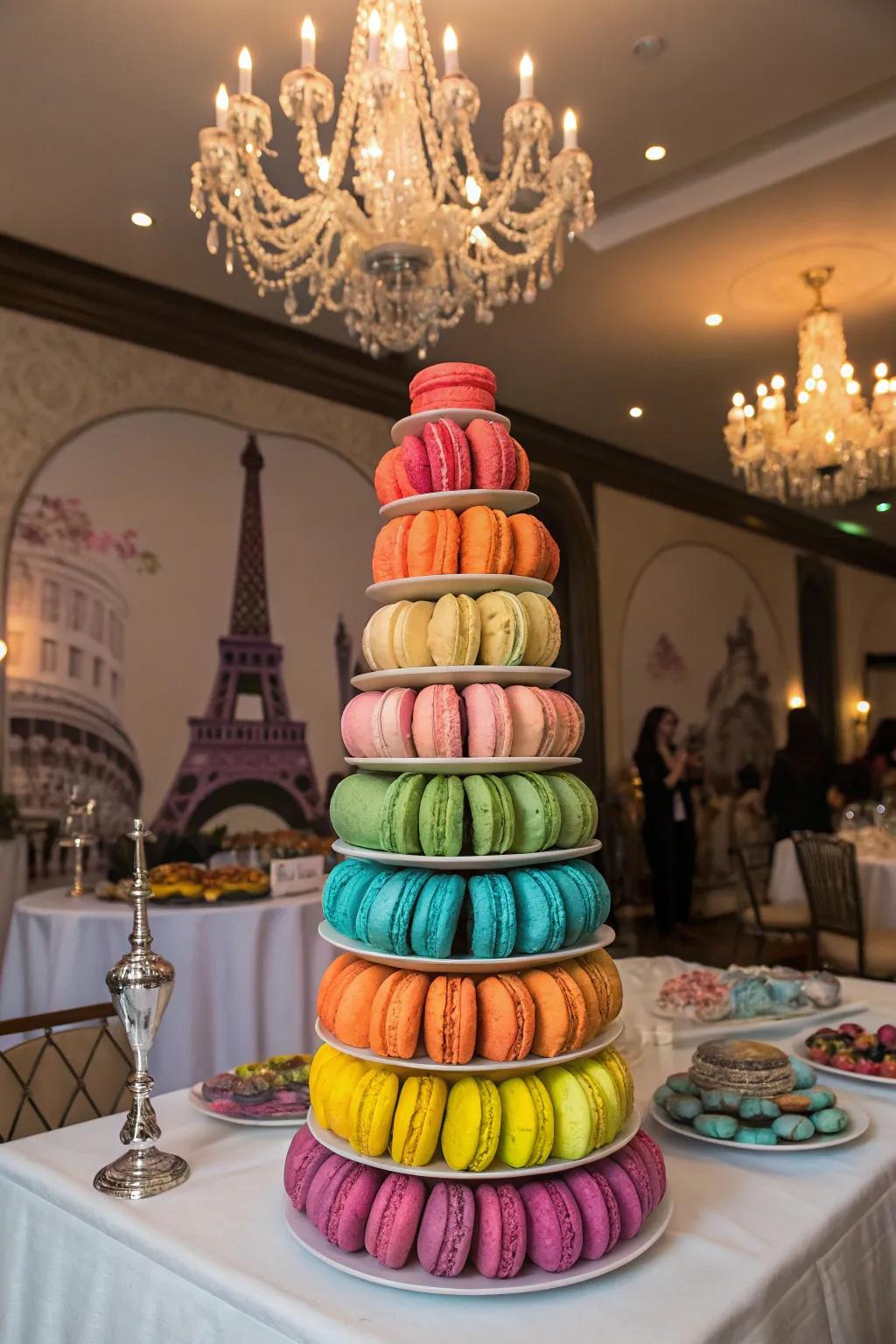 A chic macaron tower serving as a colorful and elegant centerpiece.