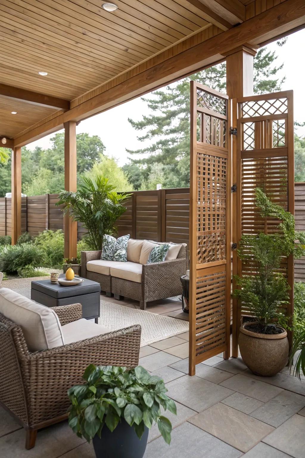 A serene patio with a wooden privacy screen.