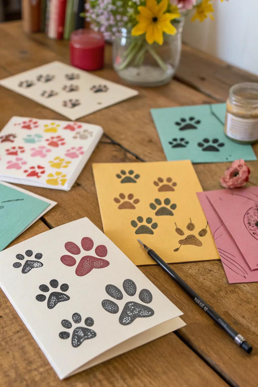 Handmade greeting cards with paw print designs.