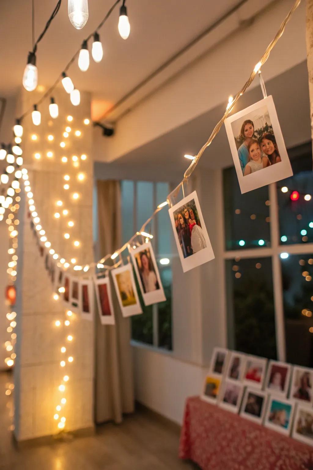 Light garlands with photos add a festive vibe.