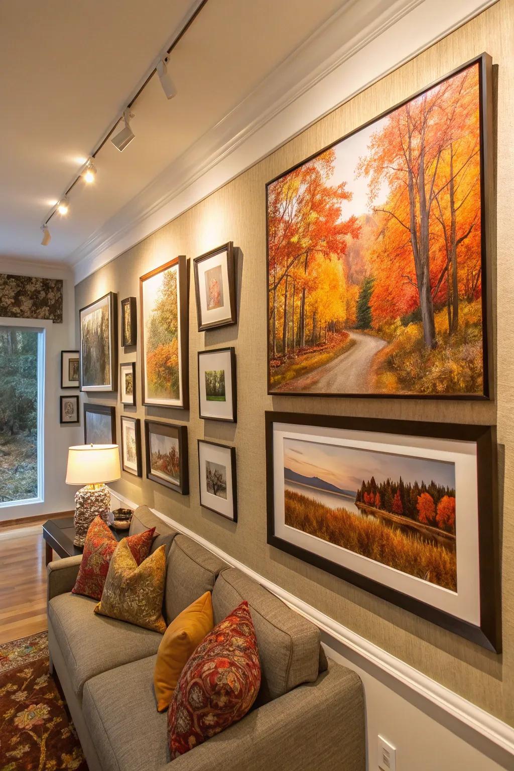 Seasonal picture wall showcasing autumn hues.