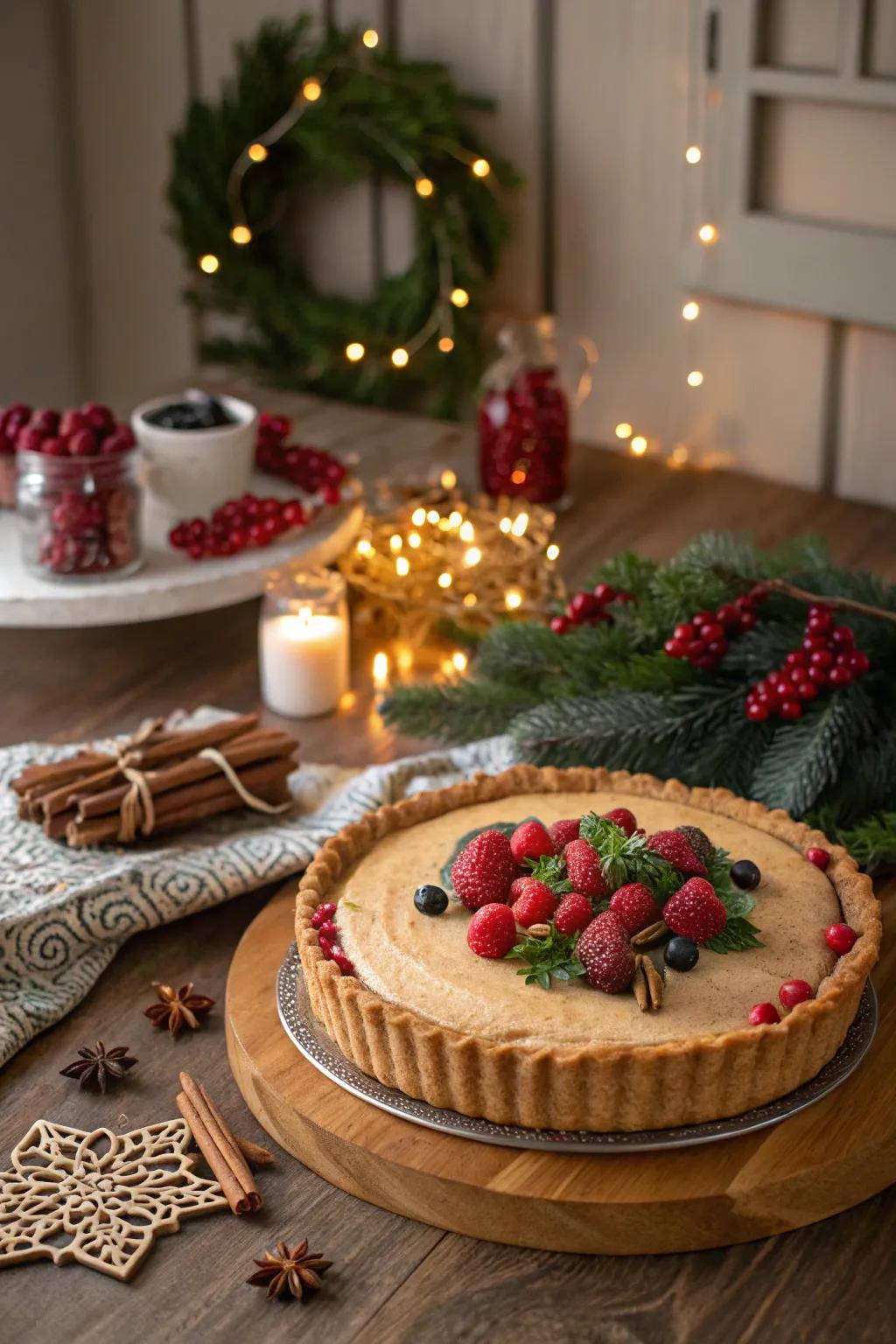 A pie with festive holiday-themed decorations.