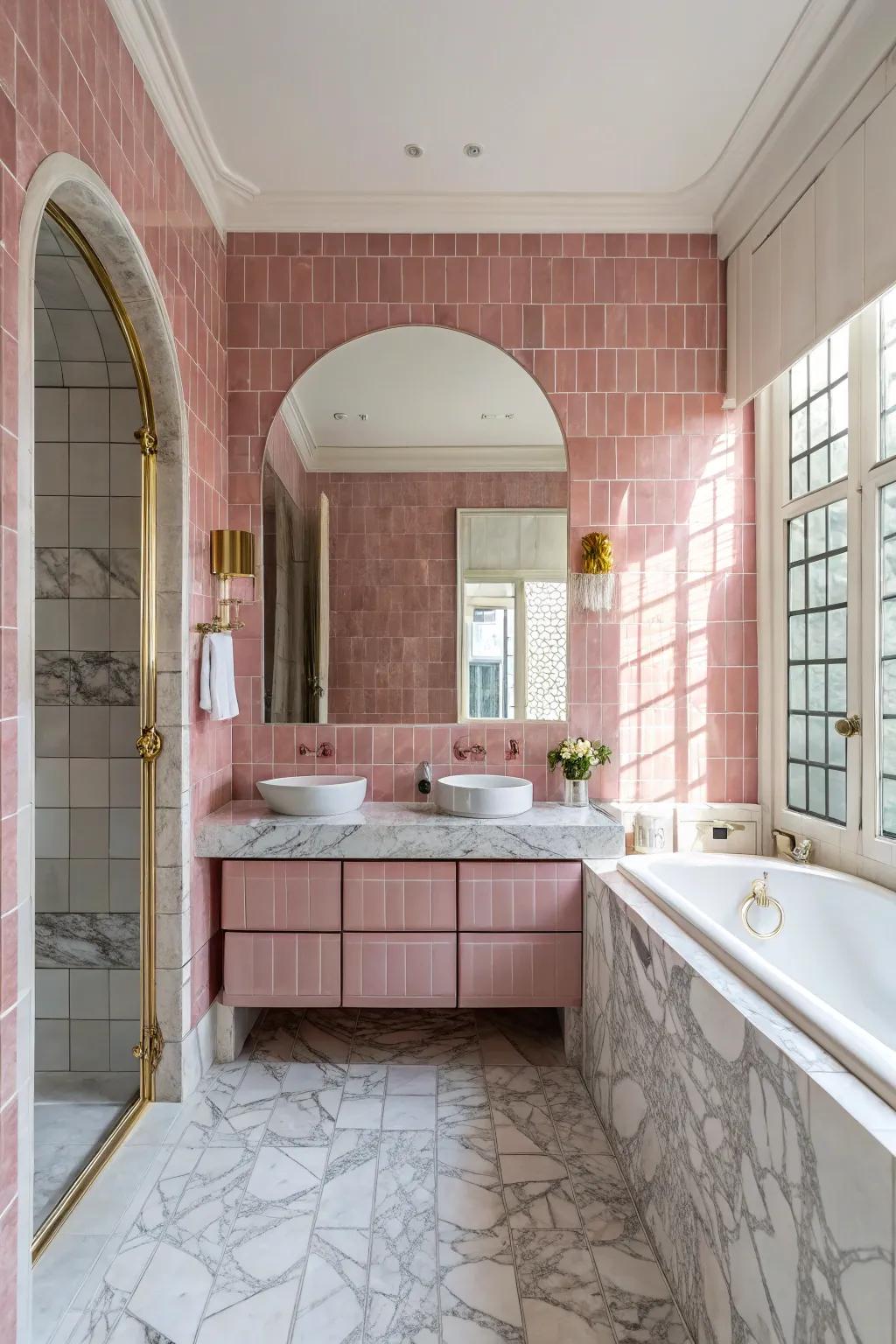 A chic combination of pink tiles and marble in the bathroom.