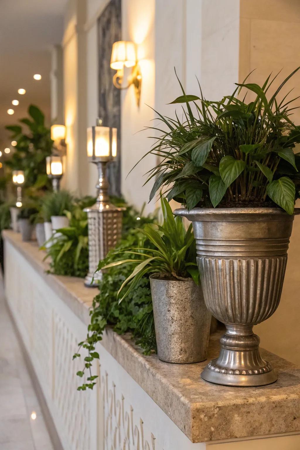 Metallic accents add a touch of elegance to this plant ledge.