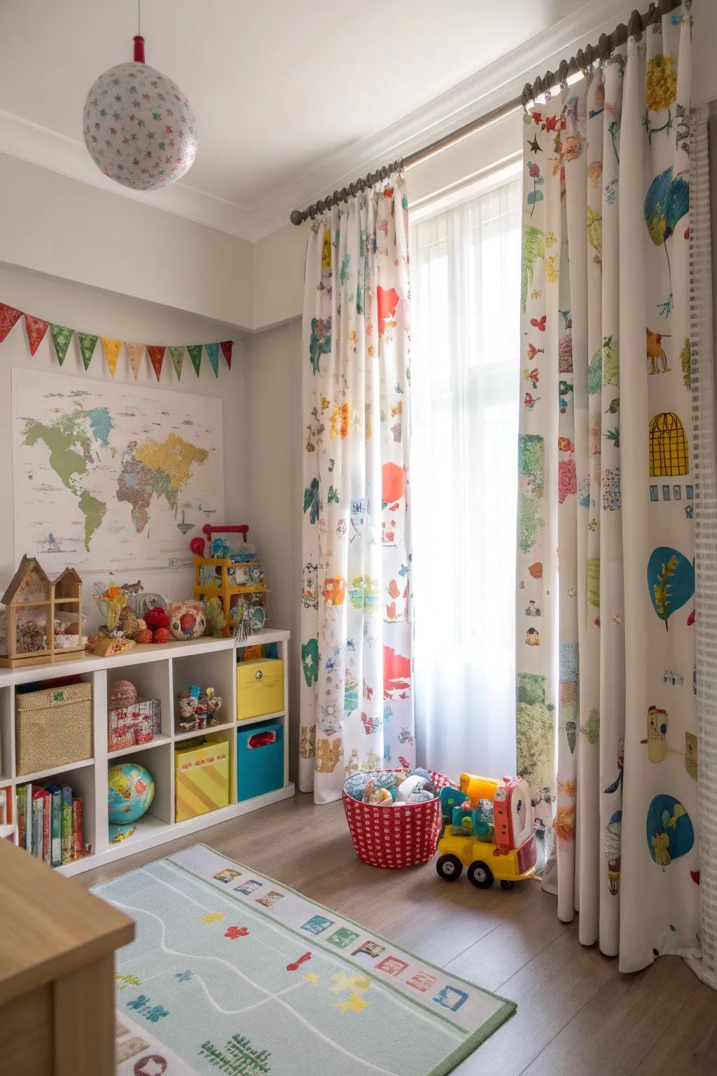 Educational prints on curtains inspire curiosity and learning.