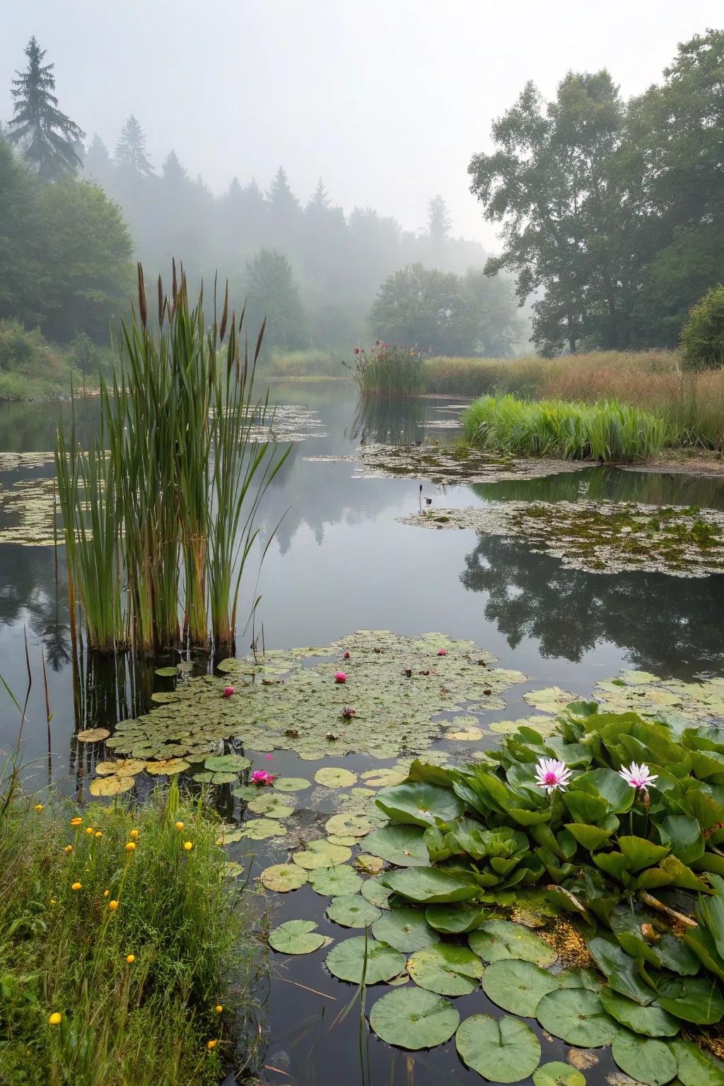 An aquatic plant showcase featuring a variety of water and marginal plants.