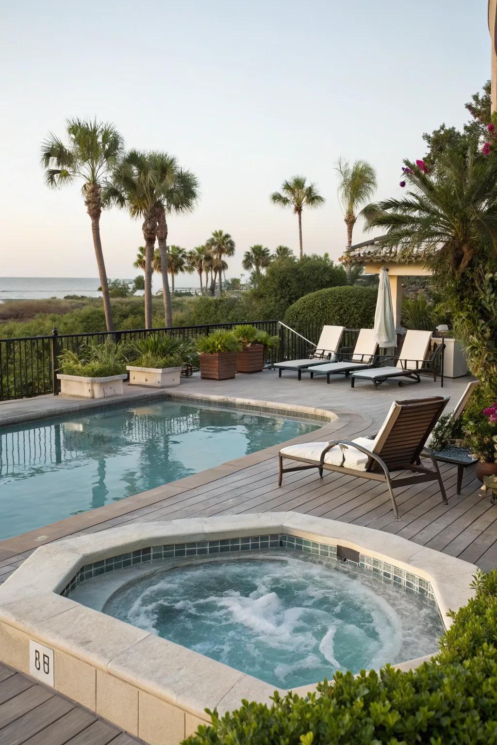 Year-round relaxation with a spa corner on the pool deck.