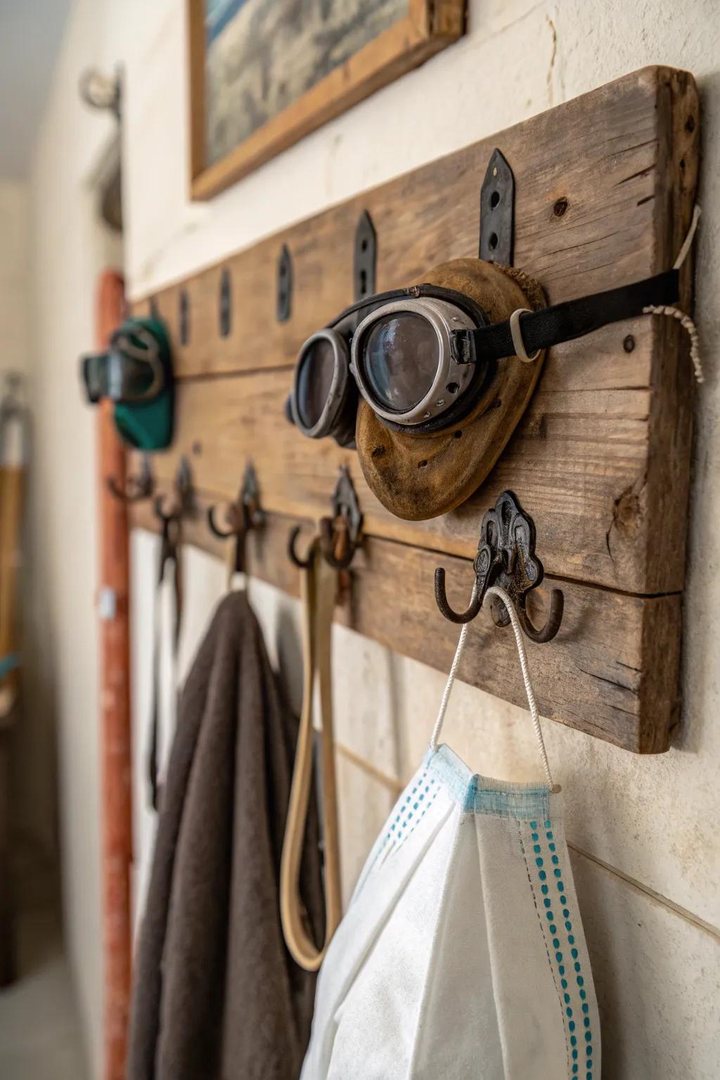 Weathered wood offers a rustic and functional solution for storing goggles.