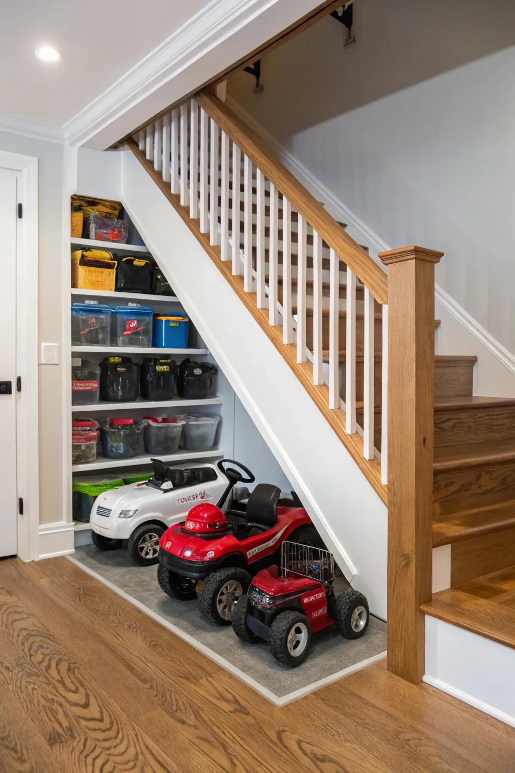 Under-stair storage cleverly hiding power wheels.