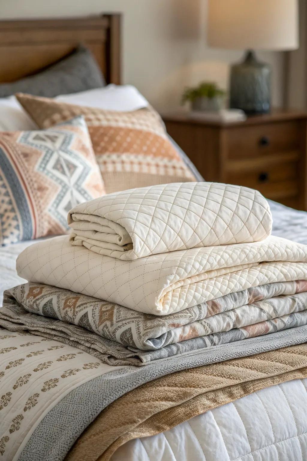 Layered bedding creates a cozy and inviting atmosphere.