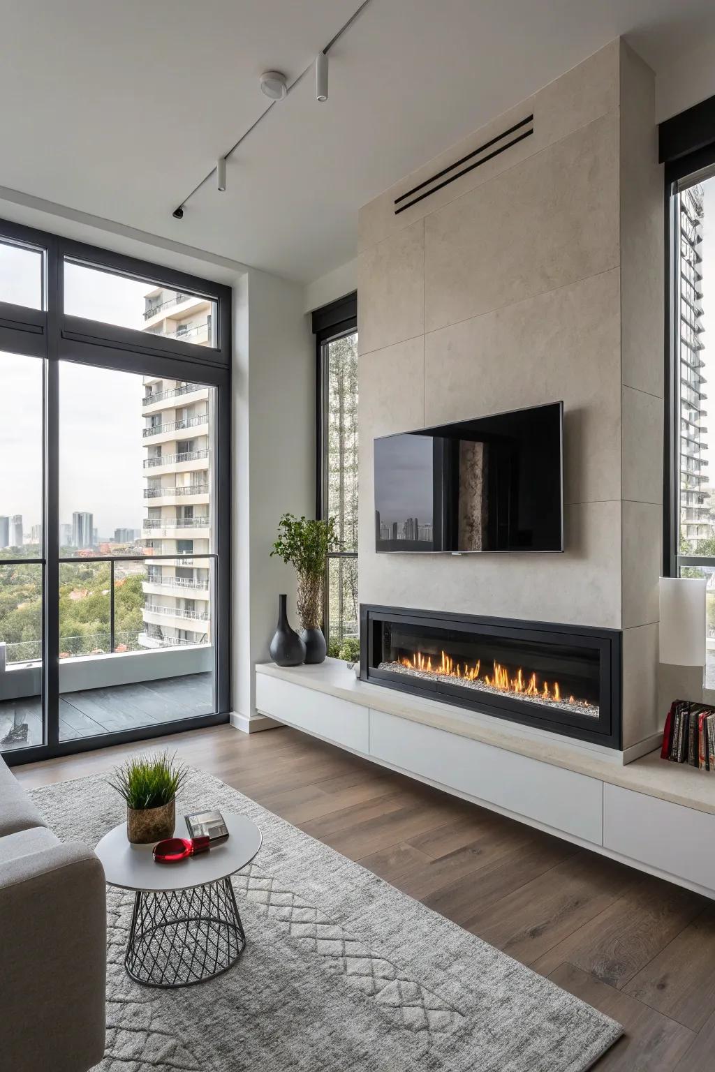 A modern apartment with a chic wall-mounted propane fireplace.