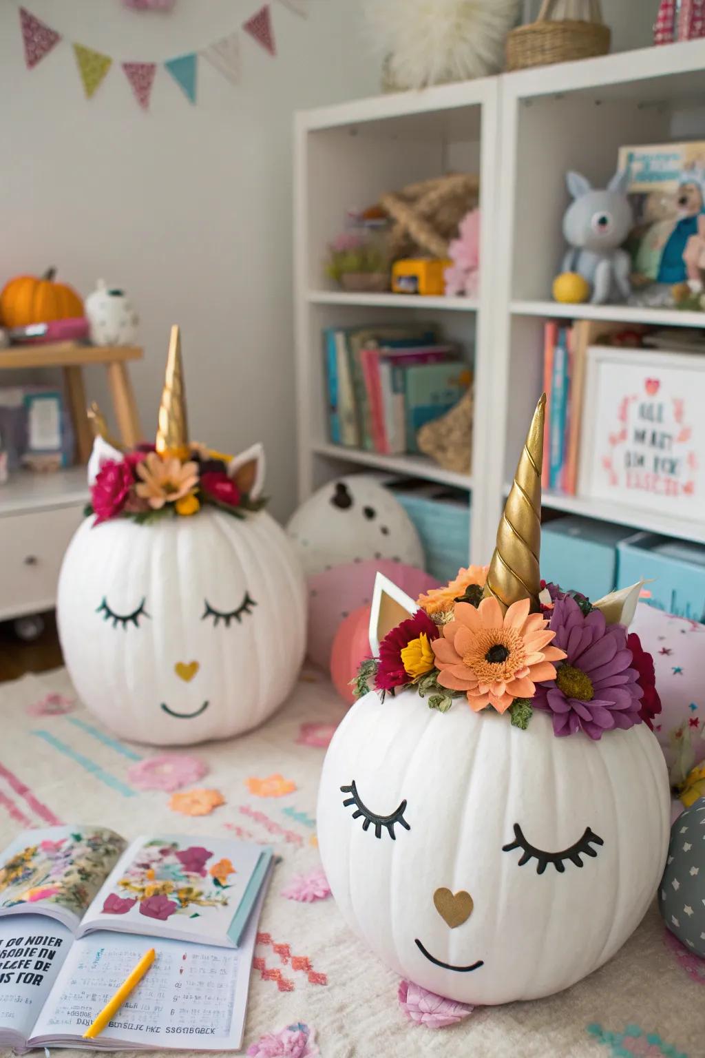 Unicorn pumpkins create a whimsical and magical atmosphere.