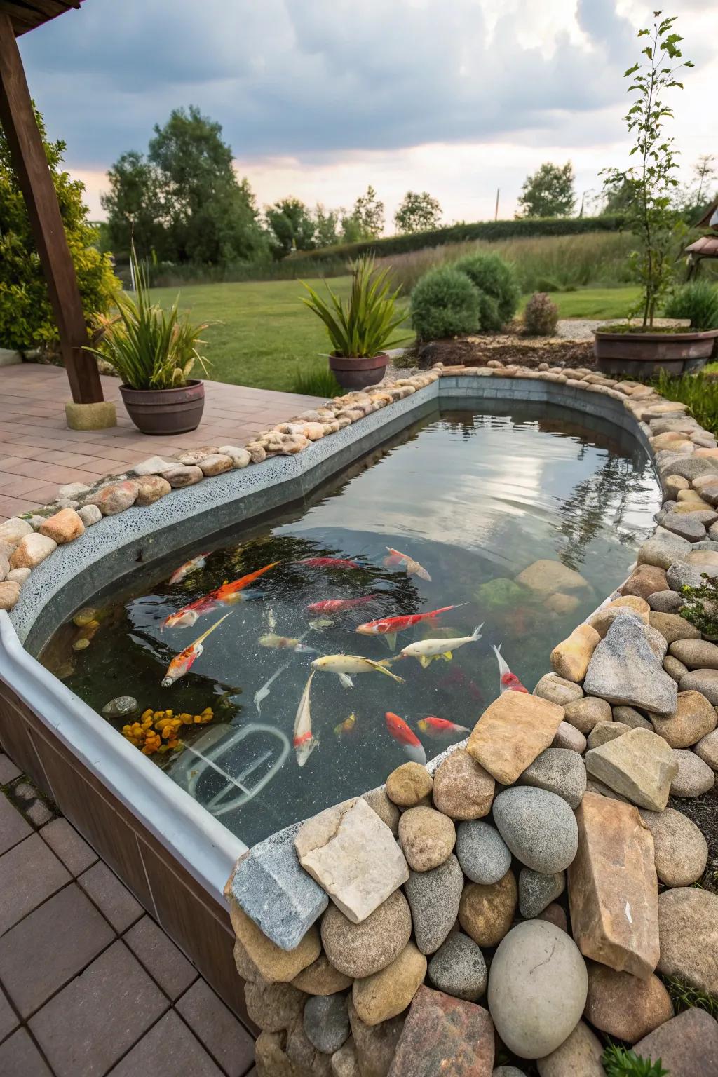 A creative conversion of a hot tub into a koi pond.