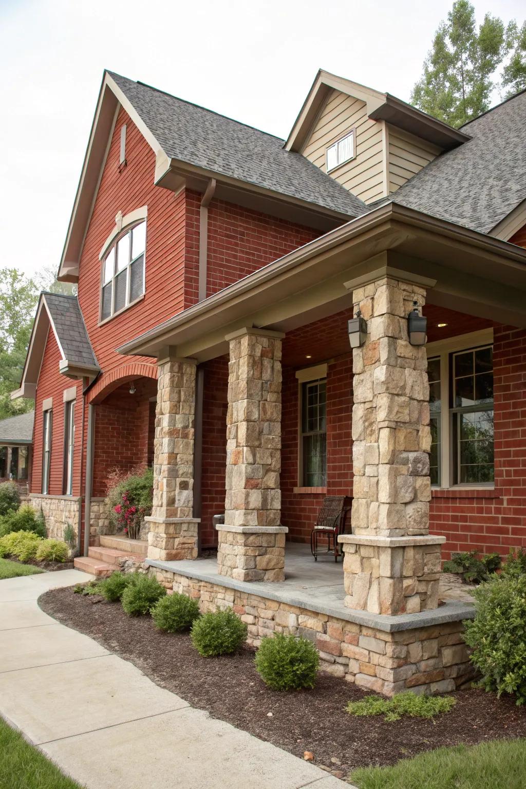 Stone accents add texture to this red brick house.