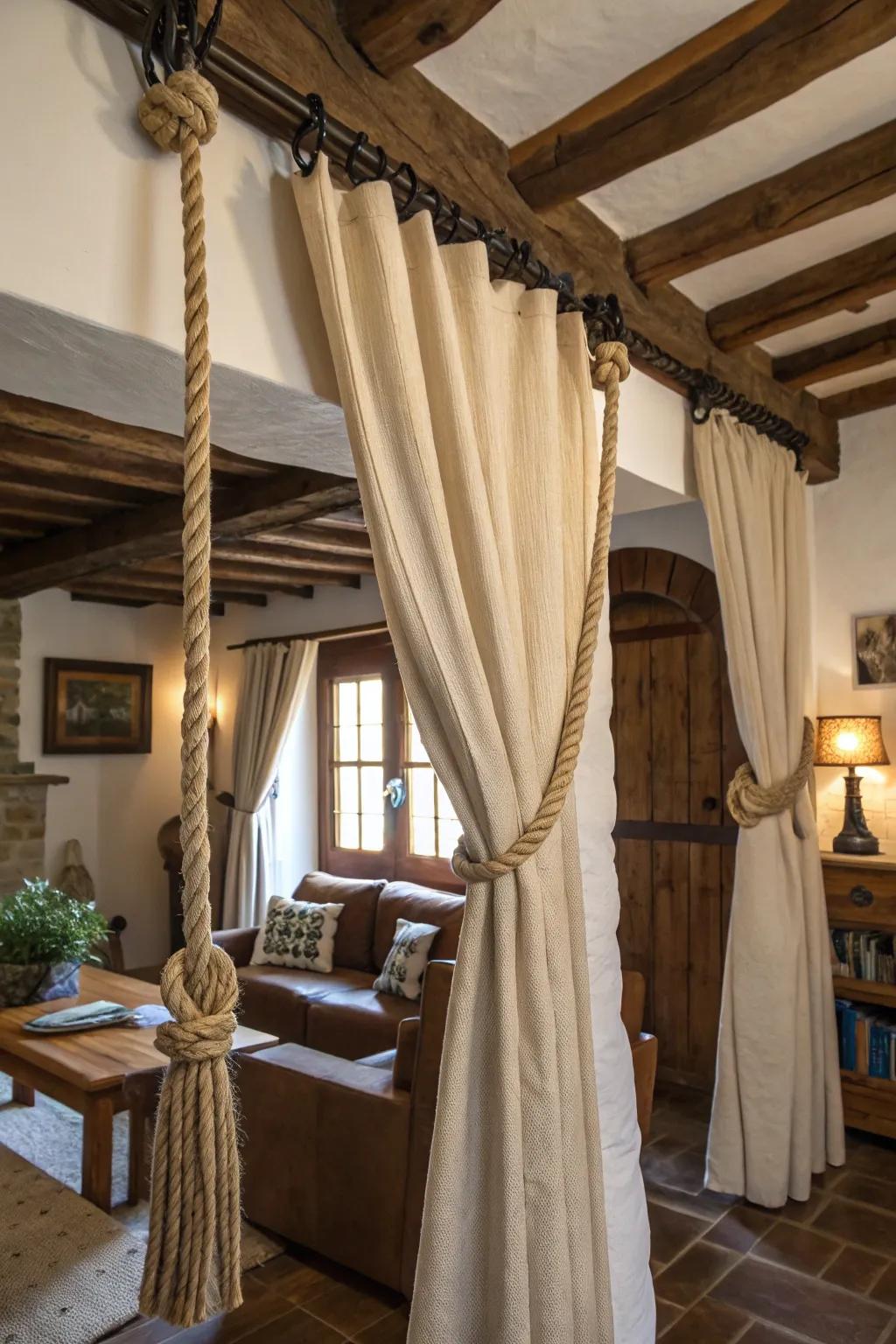 Rope suspension adds a rustic and cozy vibe to curtain setups.