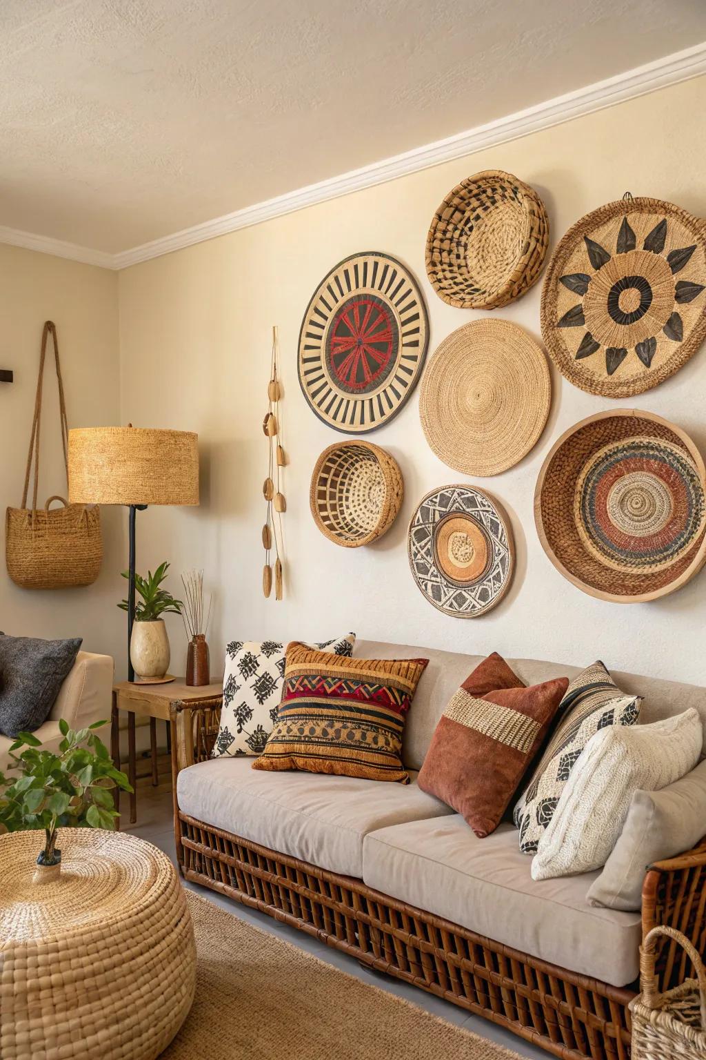 Introduce texture with baskets as wall decor.