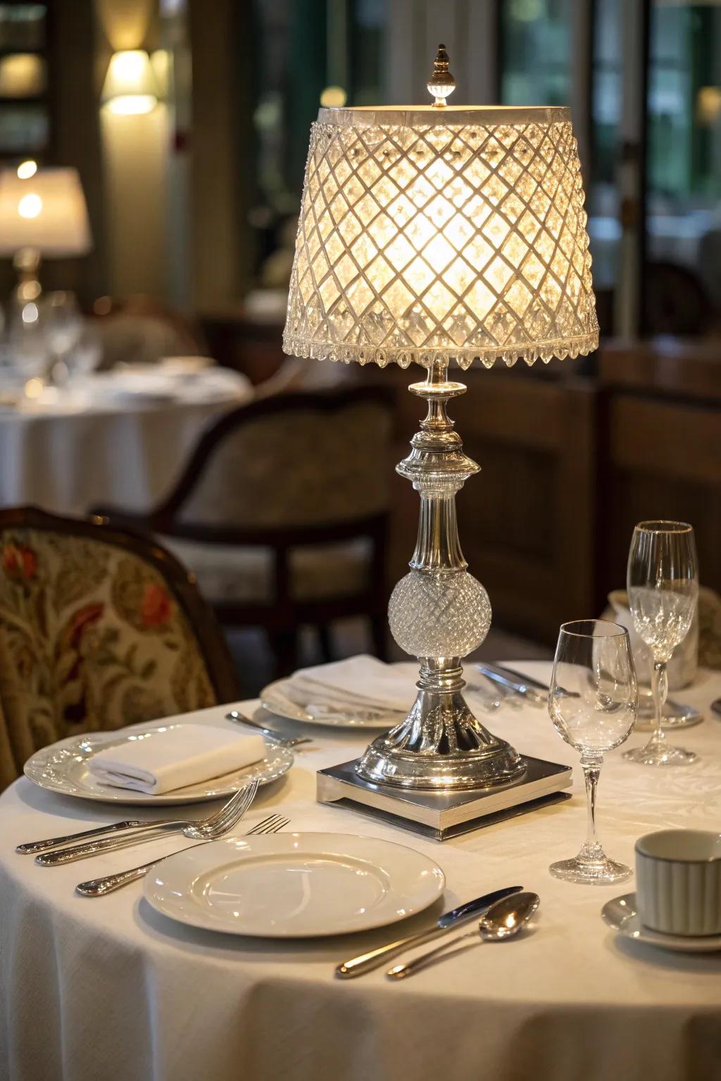 Crystal table lamp on a sophisticated restaurant table setting.