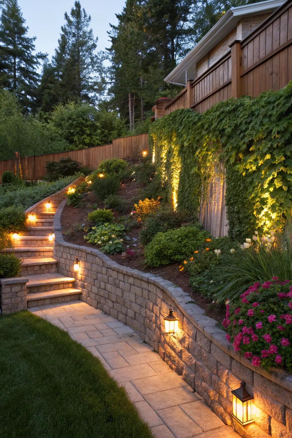 Integrated lighting adds safety and ambiance to outdoor spaces.