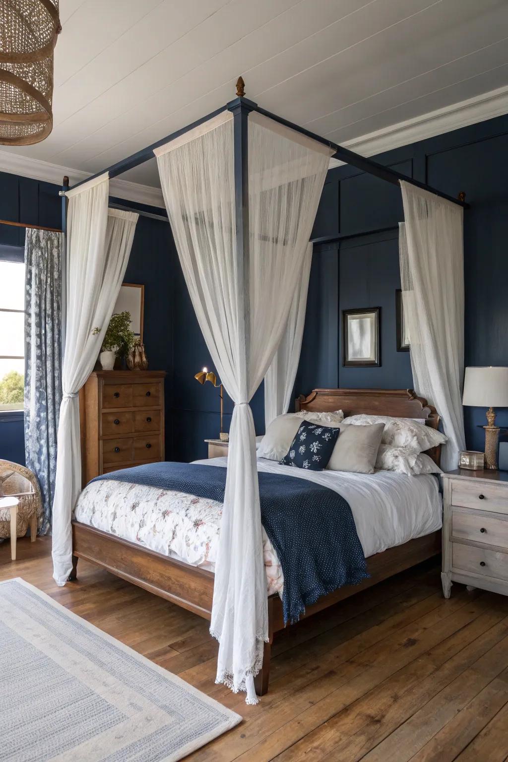 A canopy bed adds a dreamy, romantic touch to your navy blue haven.