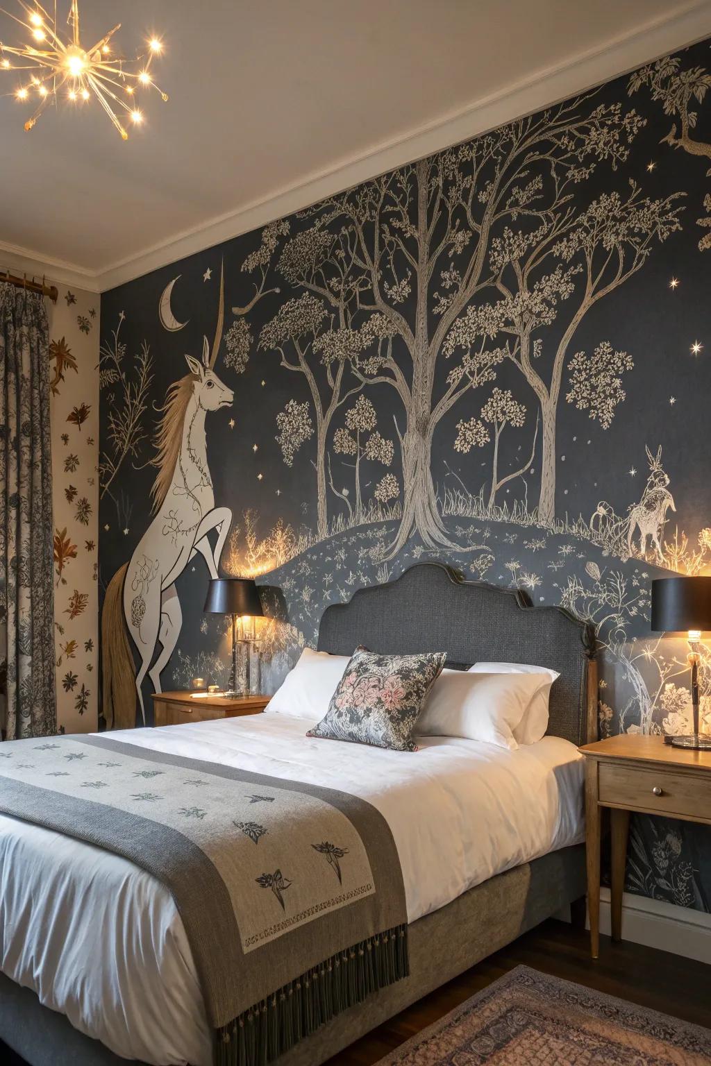 Whimsical wallpapers add a fairy-tale charm to the Victorian Gothic decor.