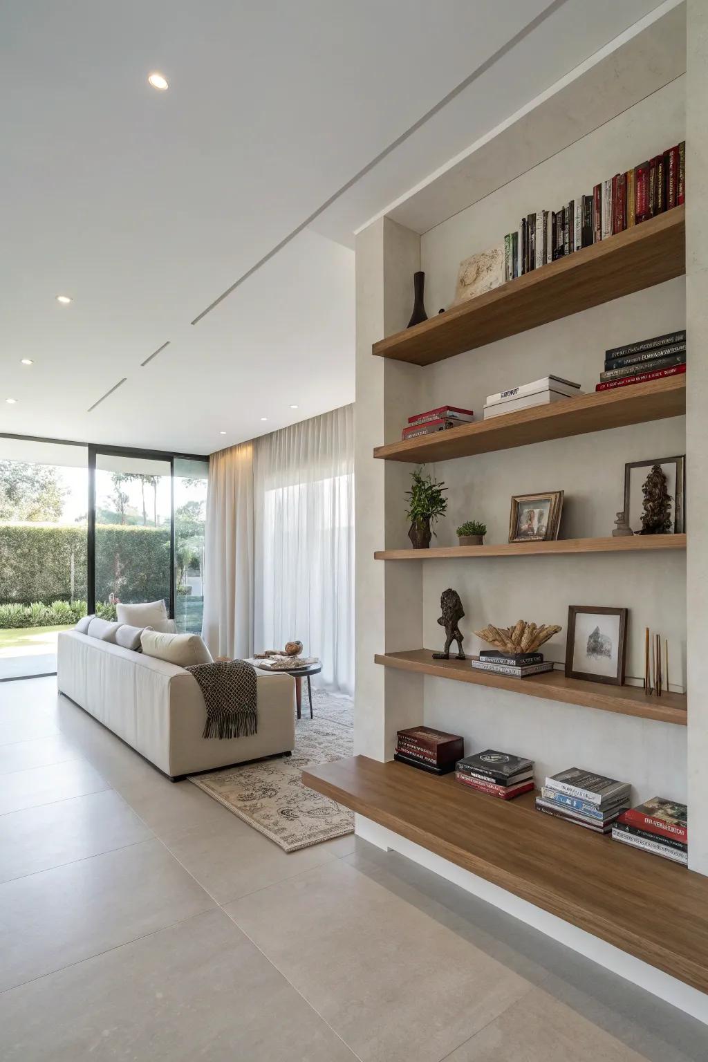 A modern room with a half wall that includes floating shelves, adding a minimalist touch.