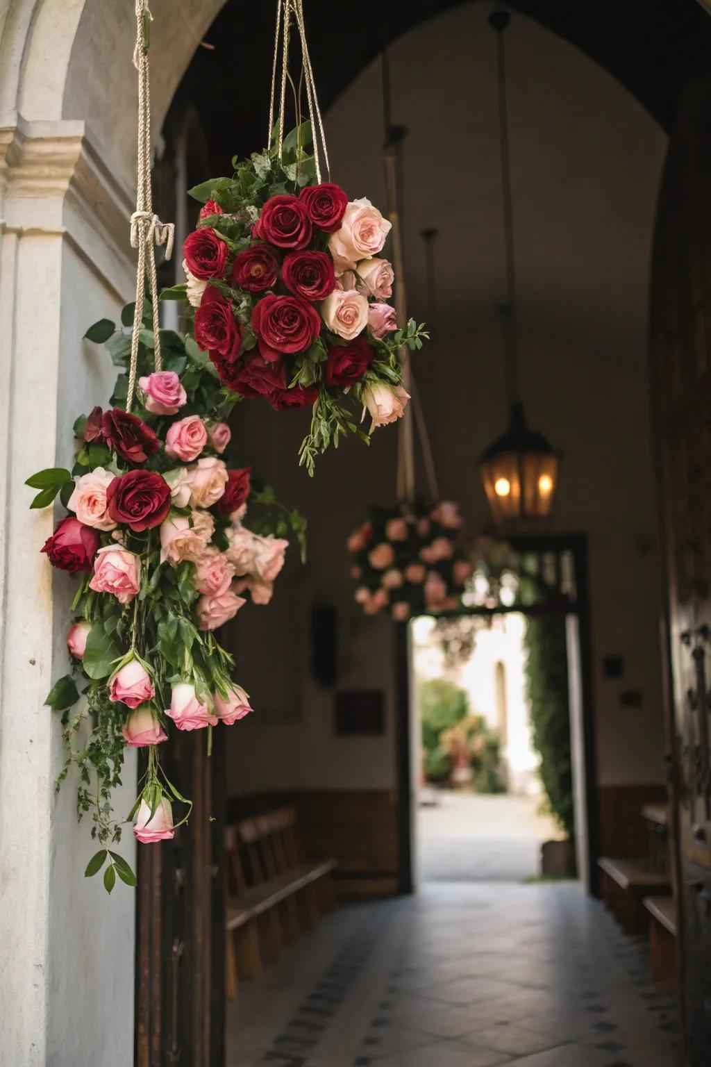 Dramatic entry with hanging rose bouquets.