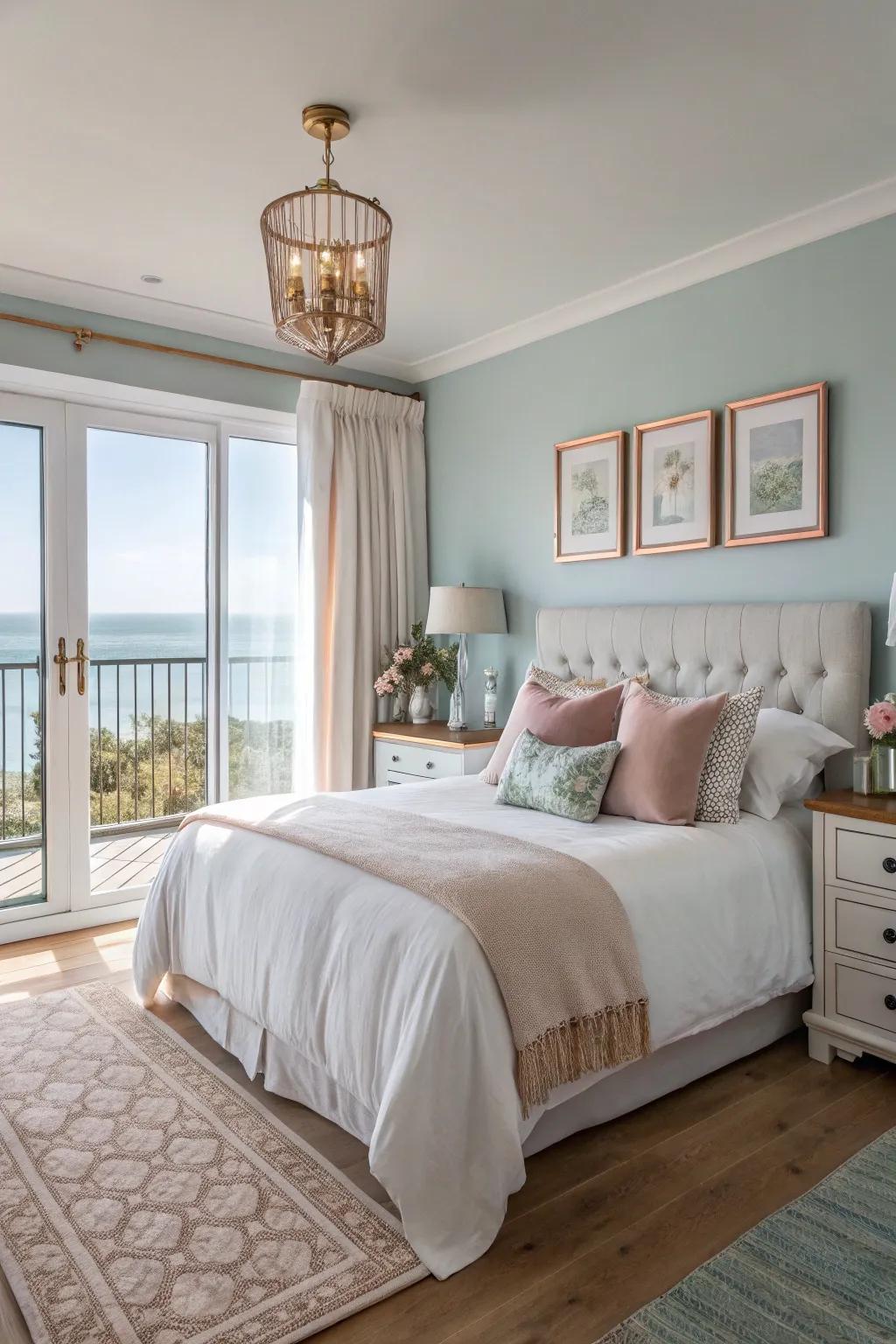 Rose gold adds warmth to a coastal chic bedroom.